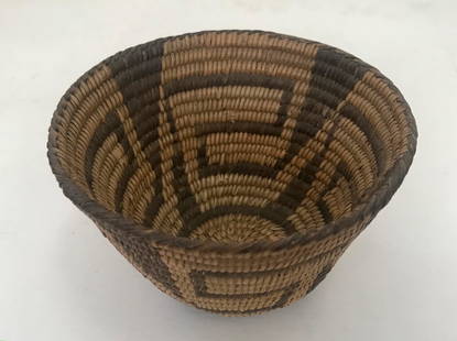 Native American Papago Pima Basket c.1960s: Vintage Papago Pima Indian handwoven basket.Circa 1960s.Triangular geometric designs.Dimensions: Diameter: 4 5/8 in., Height: 3 in.Condition: good original vintage estate condition, tightly woven, no