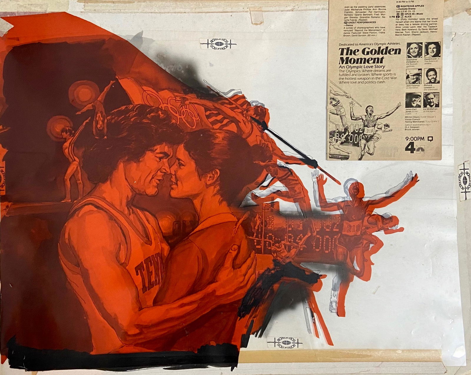 THE GOLDEN MOMENT Illustration Painting, Paul Williams: Paul Williams (American, 1934-2013) illustrator. Original illustration painting for the NBC Network production of the Olympic Love Story THE GOLDEN MOMENT 1980. Published in the May 28,1980 Television