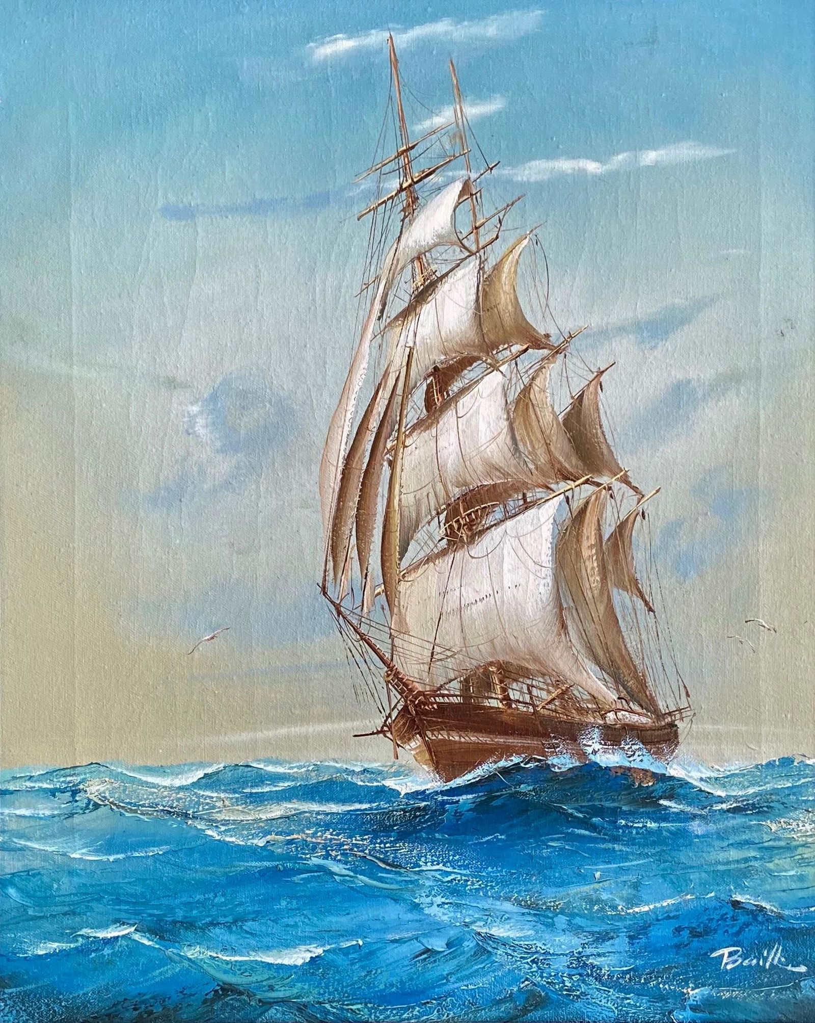 New England Marine Painting Schooner At Sea, T. Bailey (1 of 3)