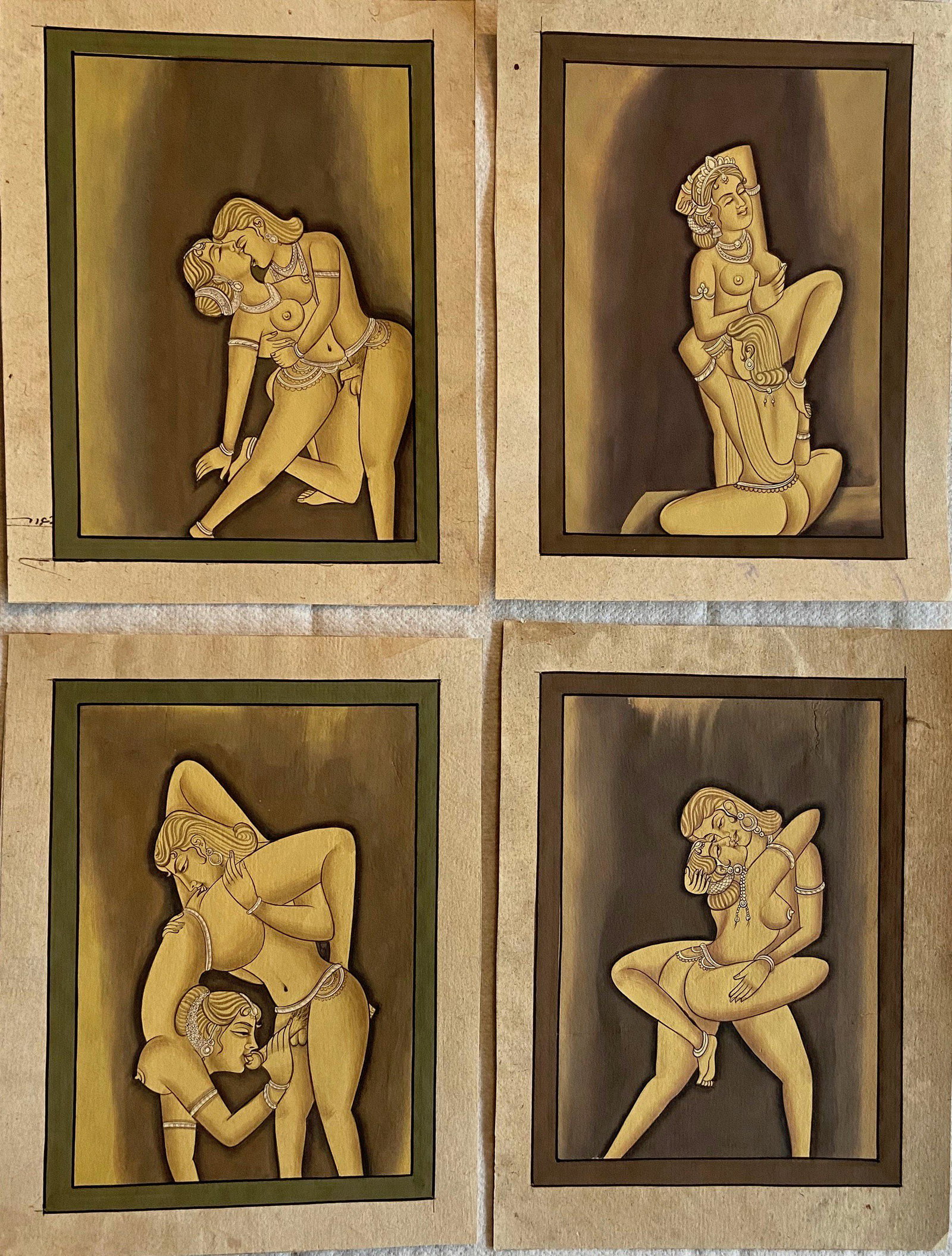Erotic Mughal Indian Miniature Paintings (4): Mughal Indian erotic miniature paintings on manuscript document pages. Collection of four. Gouache on document paper. Unframed. Dimension: paper: 8 1/4 x 6 1/4 in.; image: 7 x 5 1/4 in. Condition: goo