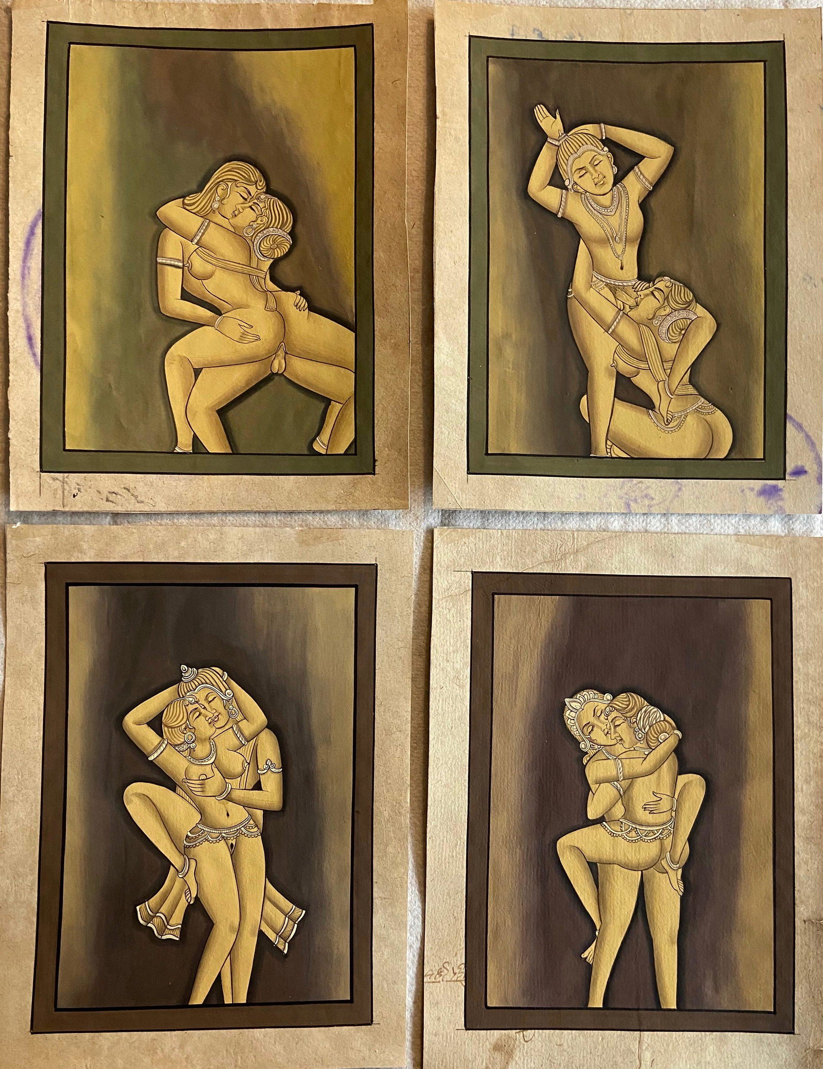 Mughal Indian Miniature Erotic Paintings (4): Indian Mughal erotic miniature paintings. Gouache on manuscript document paper (view verso). Collection of four. Unframed. Dimension: manuscript page: 8 1/4 x 6 1/4 in. image: 7 x 5 1/4 in. Condition: