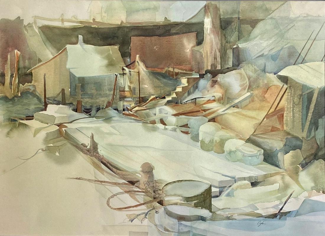 American Impressionist Painting A NEW DAY Ruth Ogle: Ruth Ogle (American, b.1935). American cubist impressionist painting signed and titled by the artist Ruth Ogle A NEW DAY (view verso). Watercolor on paper. Circa 1960s. Framed under glass. Dimensions: