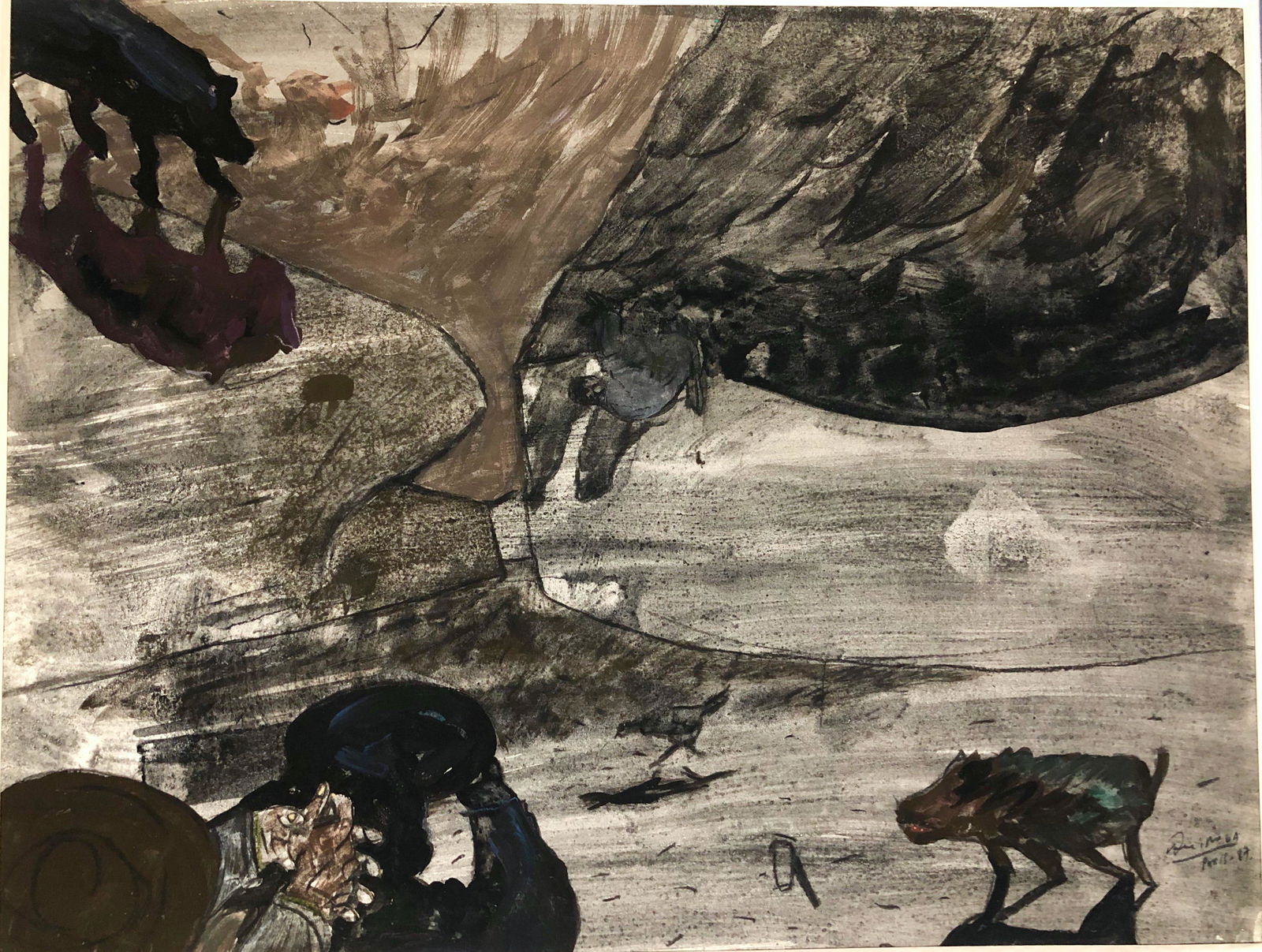 French School Landscape Painting WILD BOAR Signed (1 of 5)