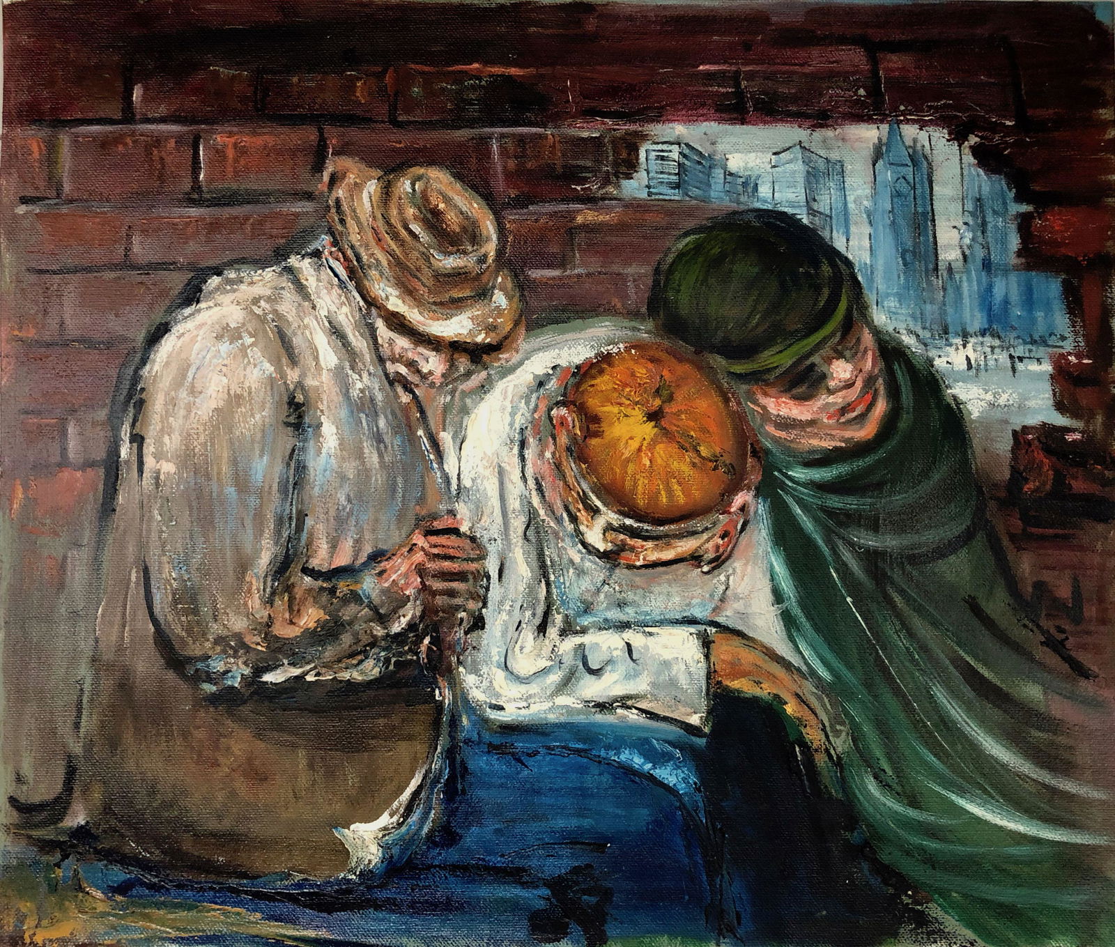 Albert Pels (American, 1910-1998) Street Life, 1930s: URBAN HOMELESSNESS. WPA artist Albert Pels original oil painting. Circa 1930s-1940s. WPA American urban social realist artist. Circa 1930s. Oil on canvas. Dimensions: 14 1/8 in. x 16 1/2 in. Unframed.