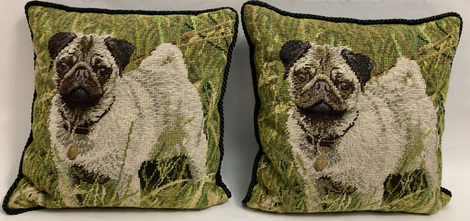 Vintage Pair of Needlepoint Pug Dog Pillows (1 of 5)