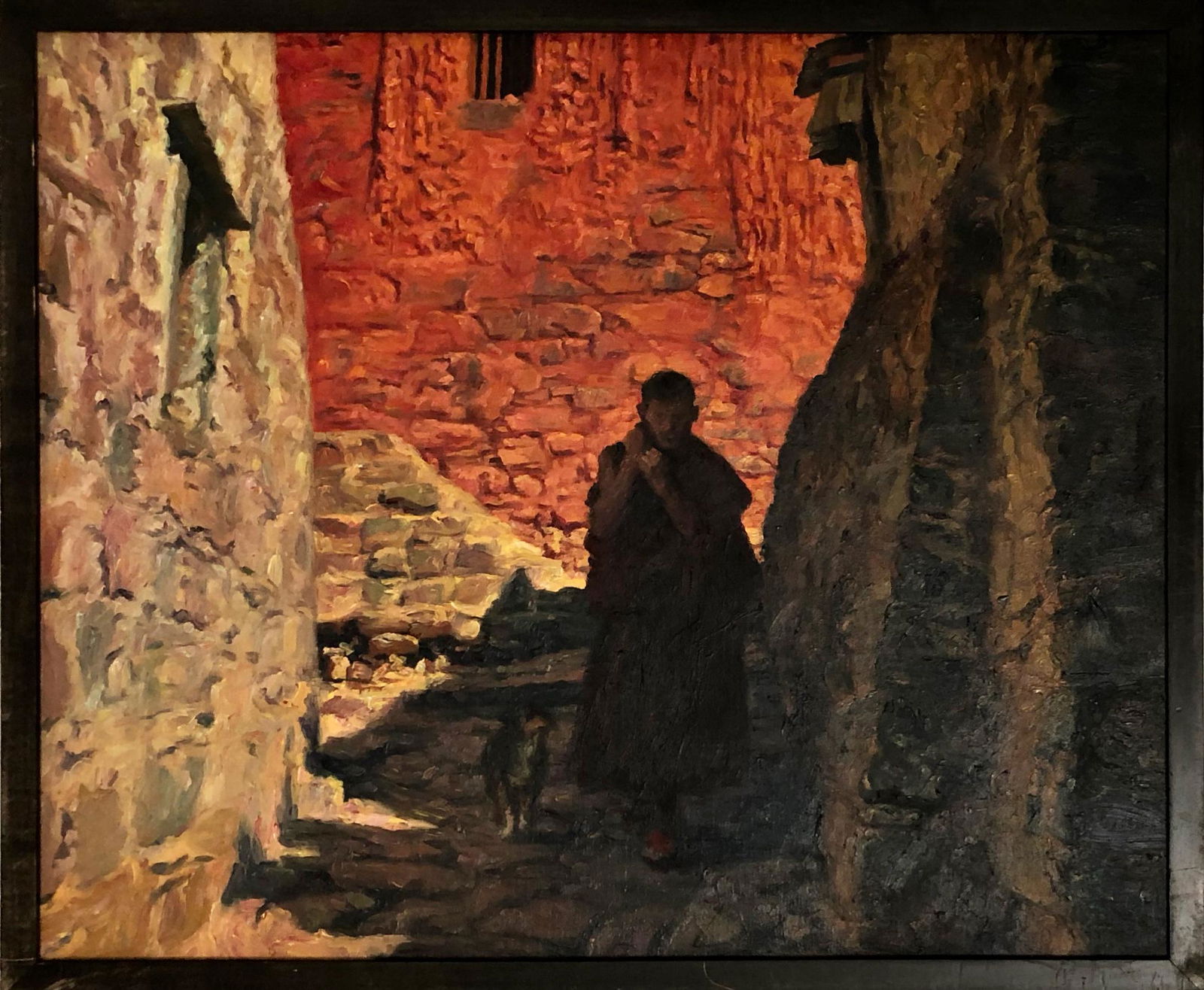 Buddhist Monk W/ Street Dog Oil Painting, Signed (1 of 3)