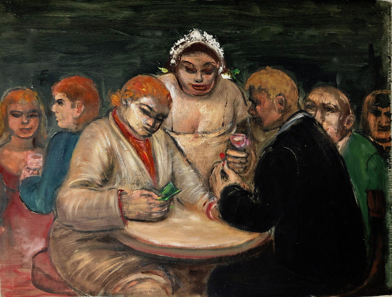 Albert Pels (American, 1910-1998) Urban Painting c.1930: WPA artist Albert Pels Oil Painting. Titled: PAYING THE CHECK (view verso). WPA American urban social realist artist. Circa 1930s. Oil on canvas. Unframed. Dimensions: canvas: 12 1/2 x 16 in. Conditio