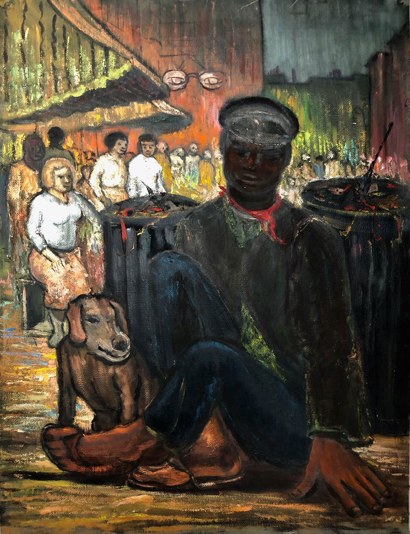 Albert Pels (American,1910-1998) Urban Man W/ Dog 1930s: WPA artist Albert Pels original oil painting. Circa 1930s. Oil on canvas. WPA American urban social realist artist. Dimensions: canvas: 14 in. x 18 in. Condition: good original unframed estate conditi