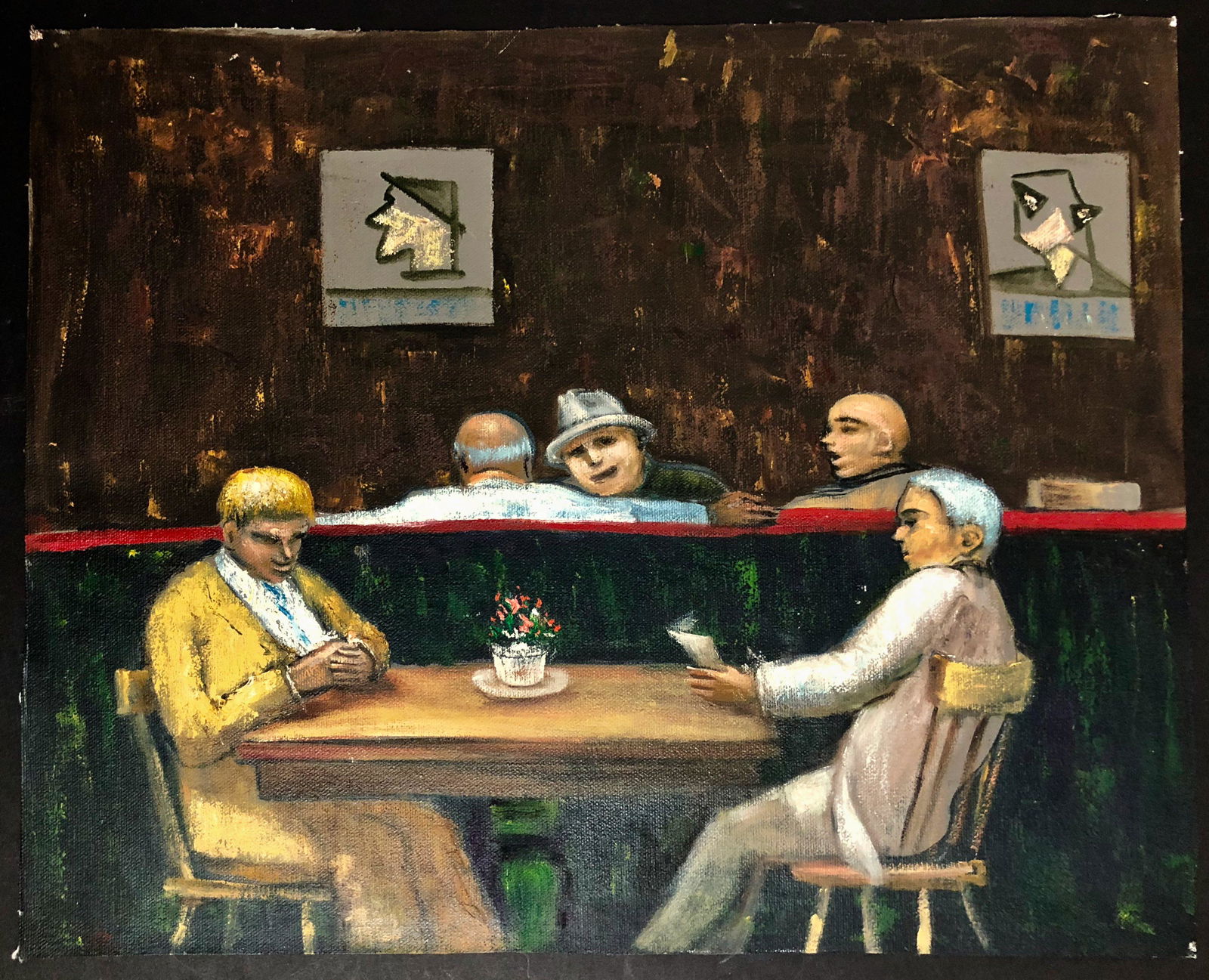 Albert Pels (American, 1910-1998) Urban Painting: WPA artist Albert Pels original oil painting. Titled: IT MUST BE MODERN-I DONT KNOW ANYONE THAT LOOKS LIKE THAT (view verso). Oil on canvas (unstretched). Dimensions: canvas: 14 1/8 in. x 17 3/4 in. C