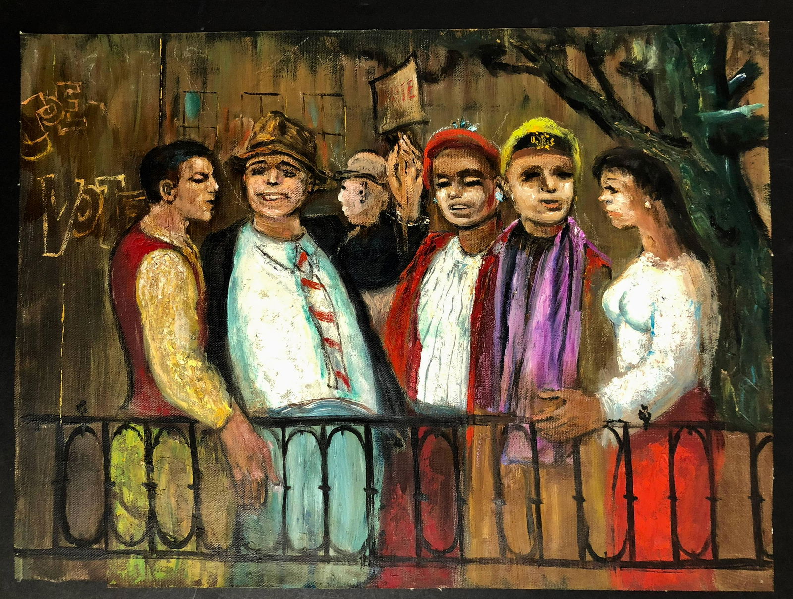 Albert Pels (American, 1910-1998) VOTE Painting: WPA artist Albert Pels original oil painting. Titled: A DISCUSSION BETWEEN FIVE PEOPLE....VOTE. Oil on canvas (unstretched). Dimensions: 13 1/8 in. X 17 3/4 in. Condition: good original estate conditi