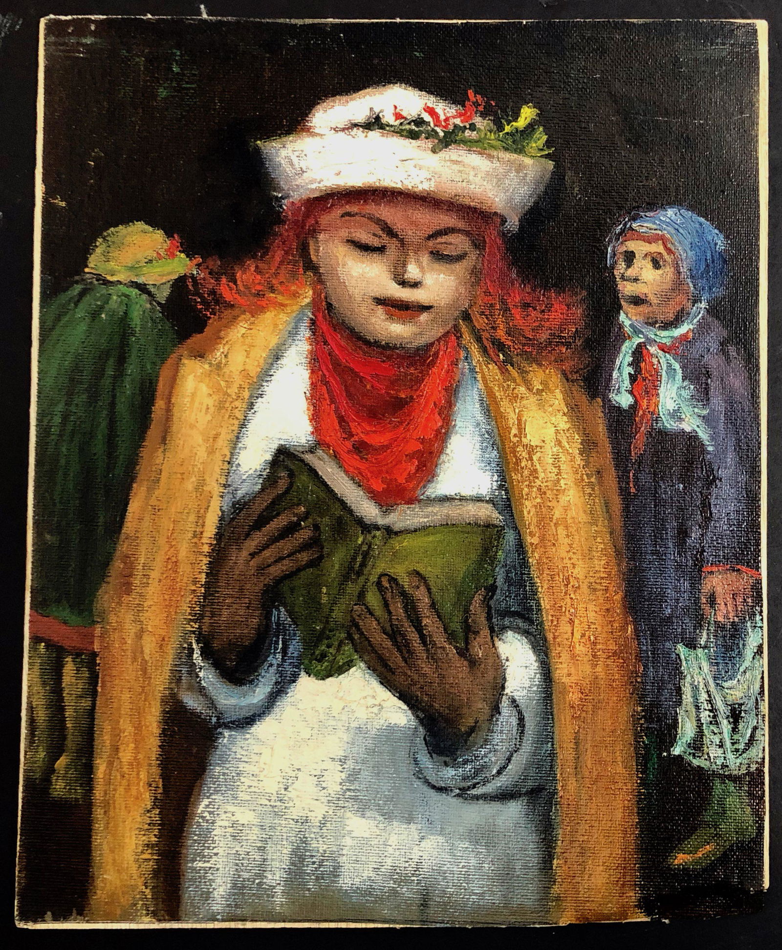 Albert Pels (American, 1910-1998) Urban Painting: WPA artist Albert Pels urban oil painting. Titled: BOOK READER (view verso). Oil on canvas mounted on panel. Dimensions: 9 6/8 in. x 12 1/4 in. Condition: good original estate condition. Provenance: N