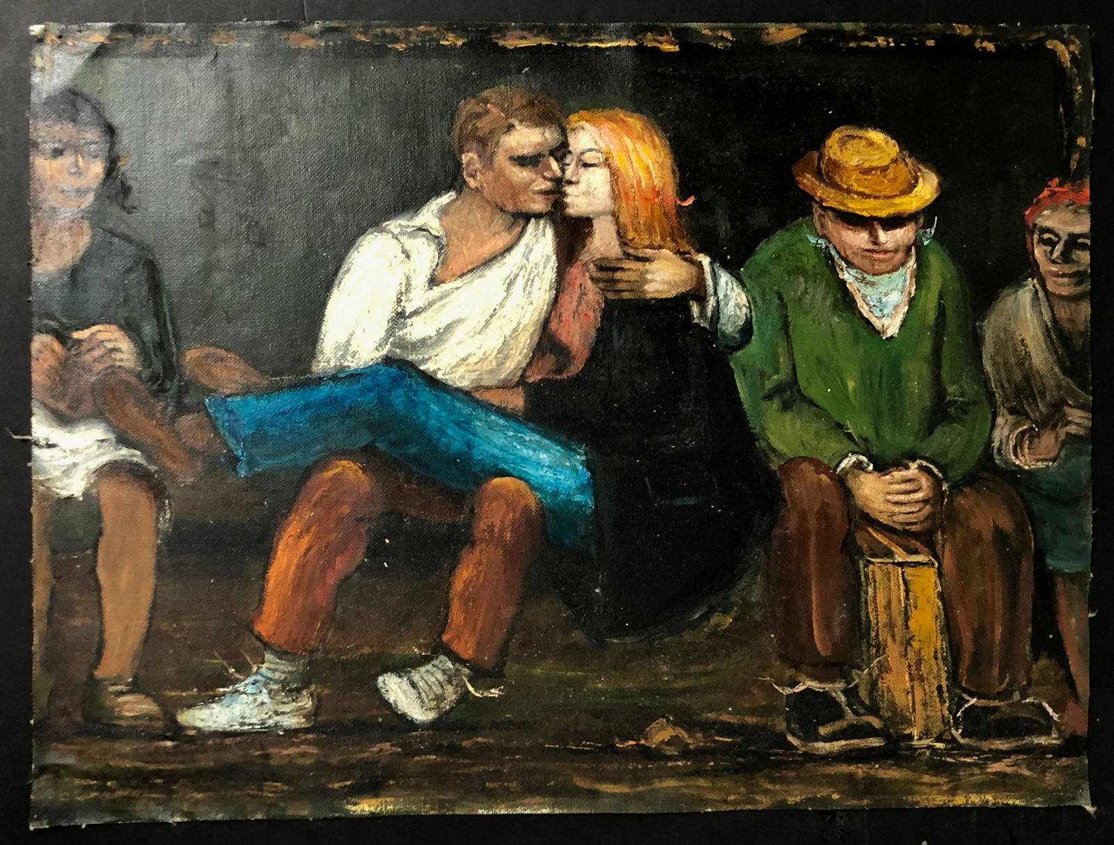 Albert Pels (American, 1910-1998) Painting: WPA artist Albert Pels original oil painting. Titled: MAKE LOVE BUT NOT ON MY LAP (view verso). Oil on canvas (unstretched). Dimensions: 16 in. x 21 1/2 in.Condition: good original estate condition. P