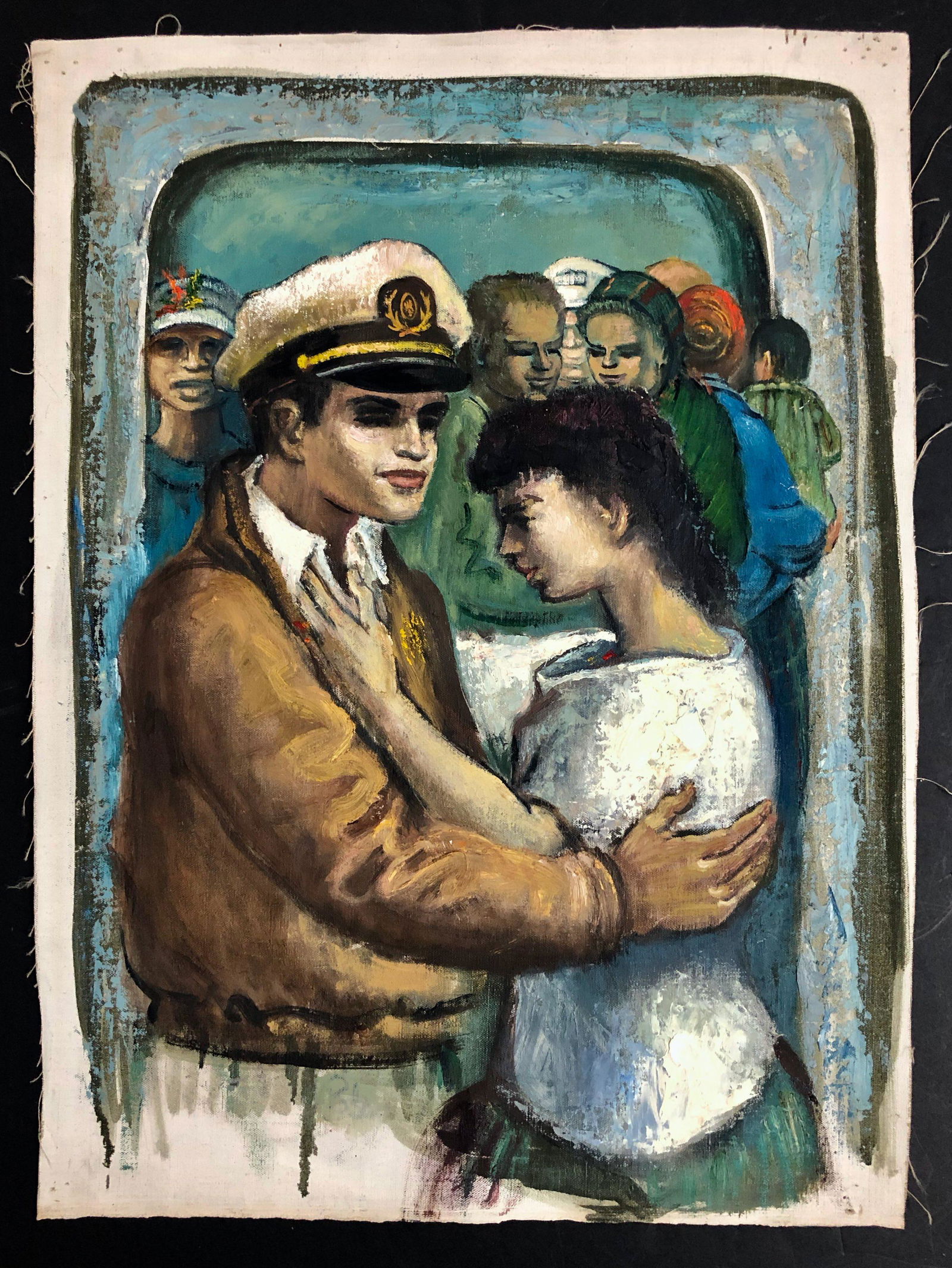 Albert Pels (American, 1910-1998) Painting: SAILOR WITH LOVER. WPA artist ALBERT PELS original oil painting. Oil on canvas (unstretched). Dimensions: canvas: 14 3/4 in. x 20 in. . Condition: good original unframed estate condition. Provenance: