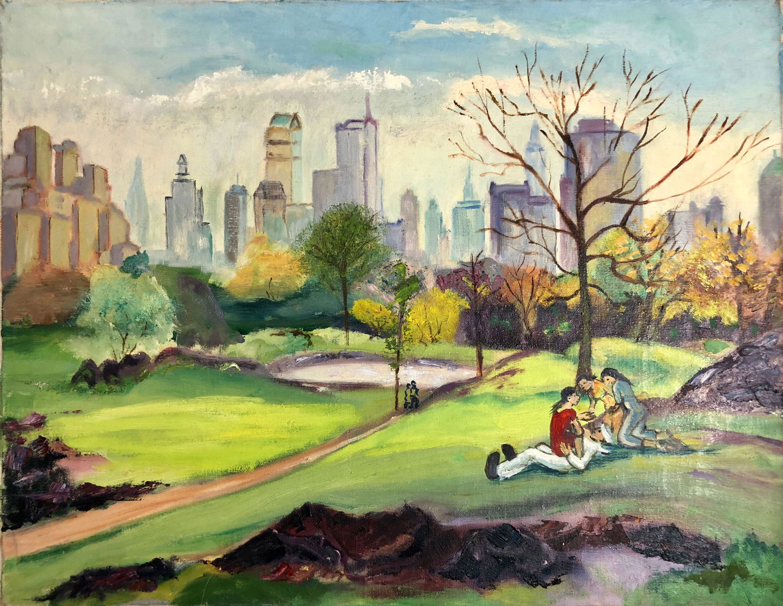 Albert Pels (1910-1998) N.Y.C. Park Painting: CENTRAL PARK LOVERS. WPA artist Albert Pels oil painting. Titled: 3 Girls and a Sailor (view verso). Oil on canvas (unstretched). Dimensions: 15 1/2 in. x 19 3/4 in. Condition: good original unframed