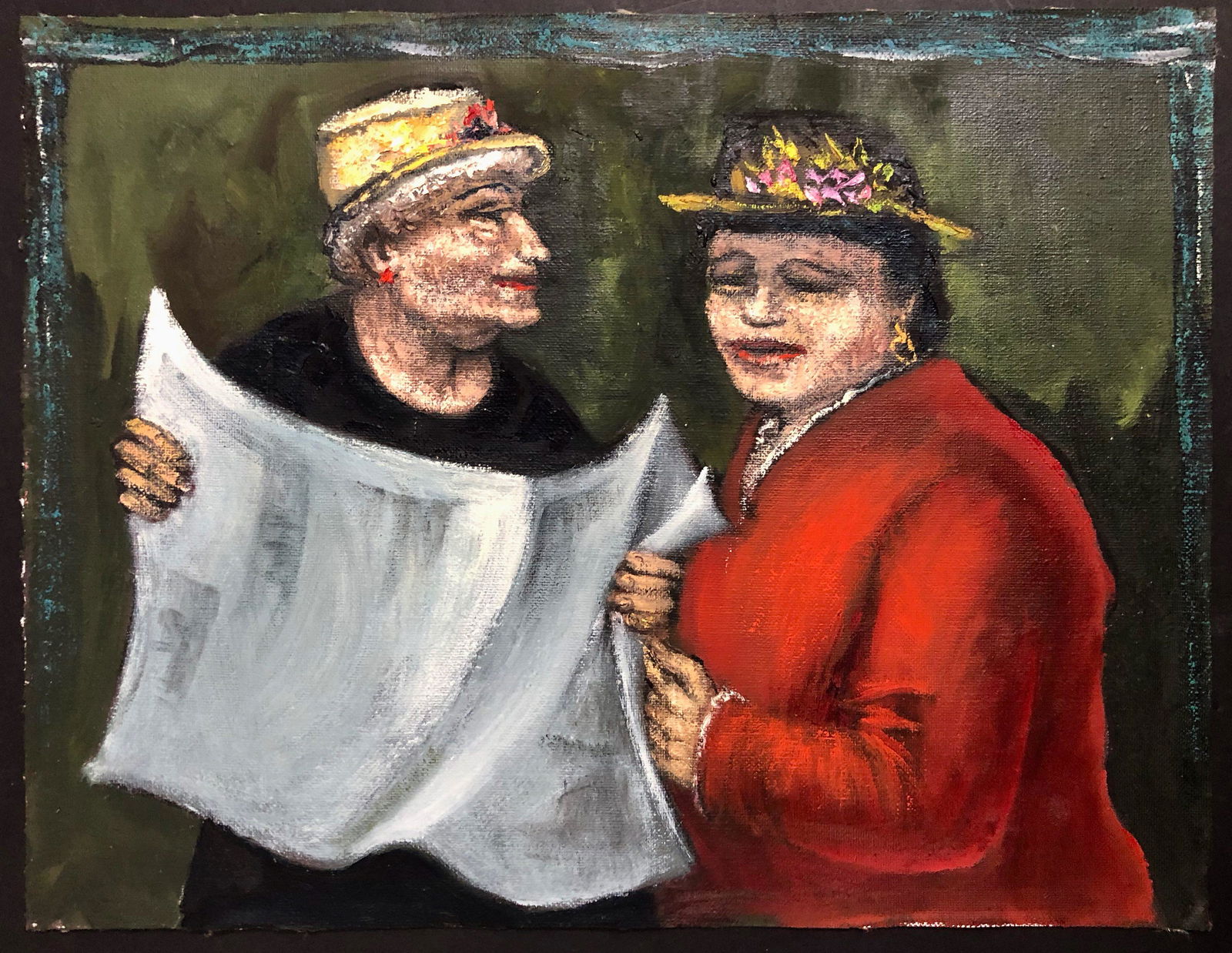 Albert Pels (American,1910-1998) Painting: THE YENTAS. WPA artist Albert Pels figural oil painting. Oil on canvas (unstretched). Dimensions: canvas: 14 in. x 18 in. Condition: good original unframed estate condition. Provenance: New York City,