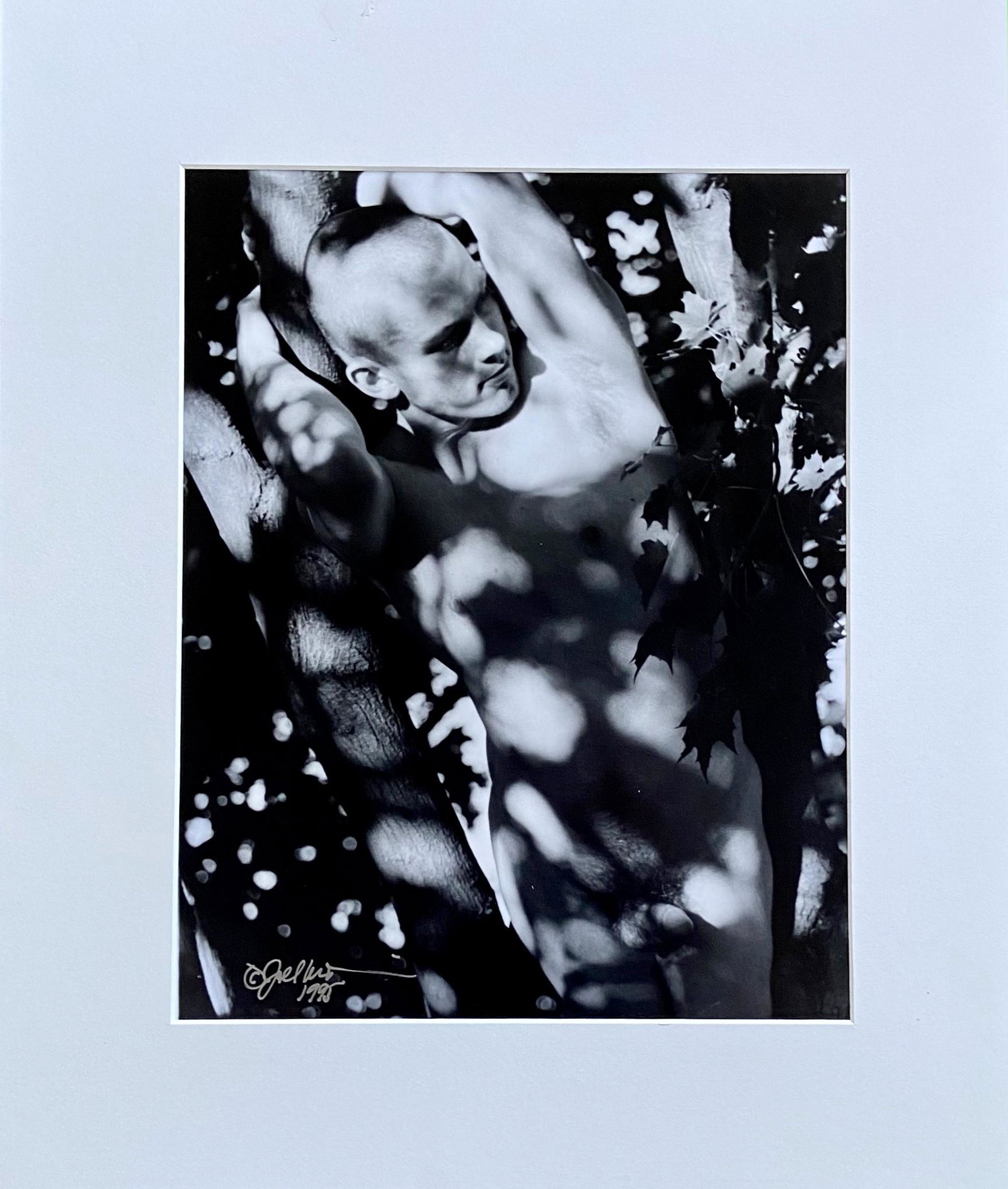 NUDE IN NATURE Photograph Signed Joel, 1995: Original erotic photograph NATURE NUDE signed and dated by the artist, Joel 1995 (lower left). Black and white photograph. Dimensions: w/ mat: 161/2 in. x 19 1/2in., art: 10 3/4in. x 13 1/2in. Unframe