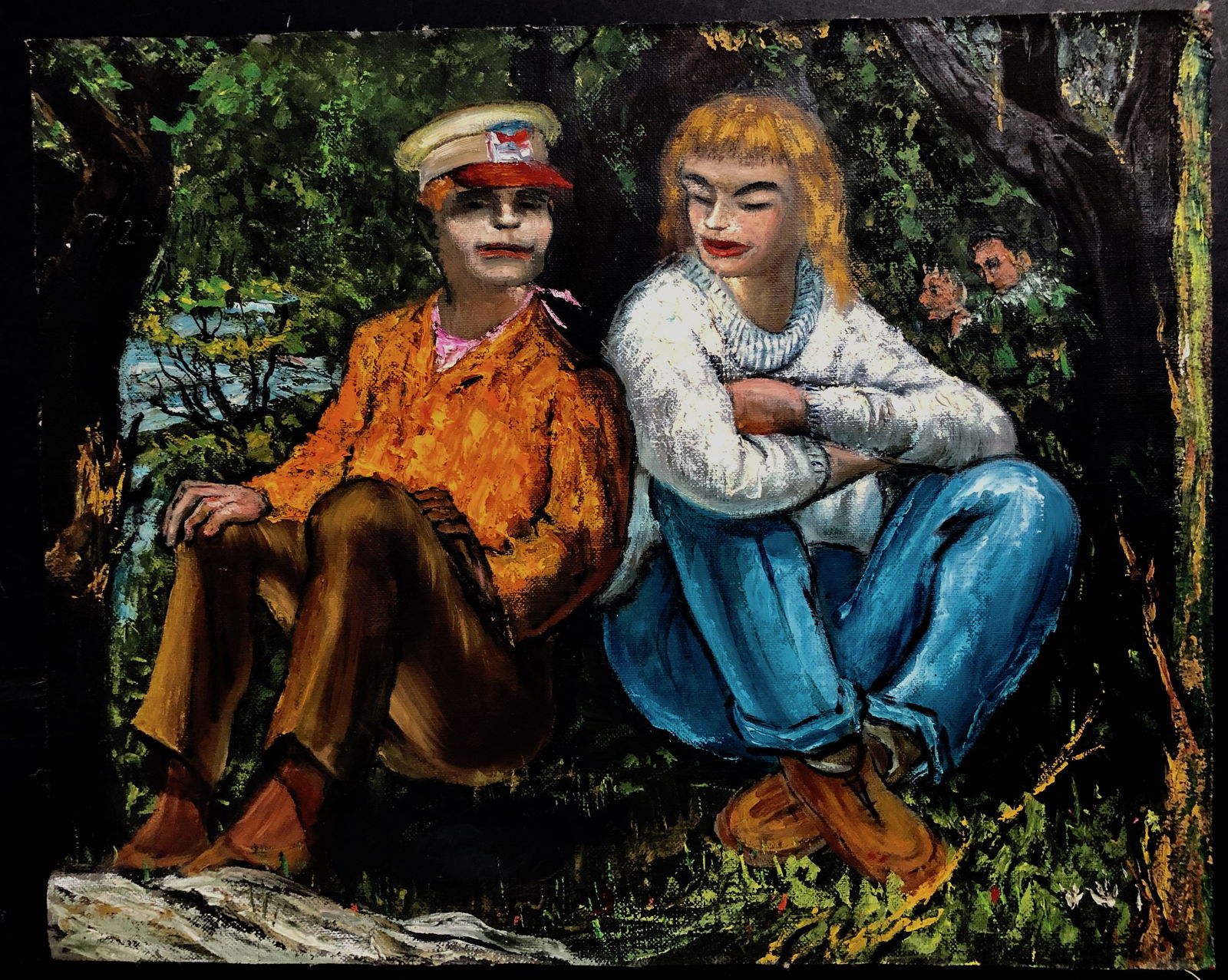 Albert Pels (1910-1998) DEVILISH Painting: WPA artist Albert Pels' oil painting. Unusual image of devilish figure in background watching young couple. Oil on canvas (unstretched). Dimensions: canvas: 16 in. x 20 in. Condition: good original es