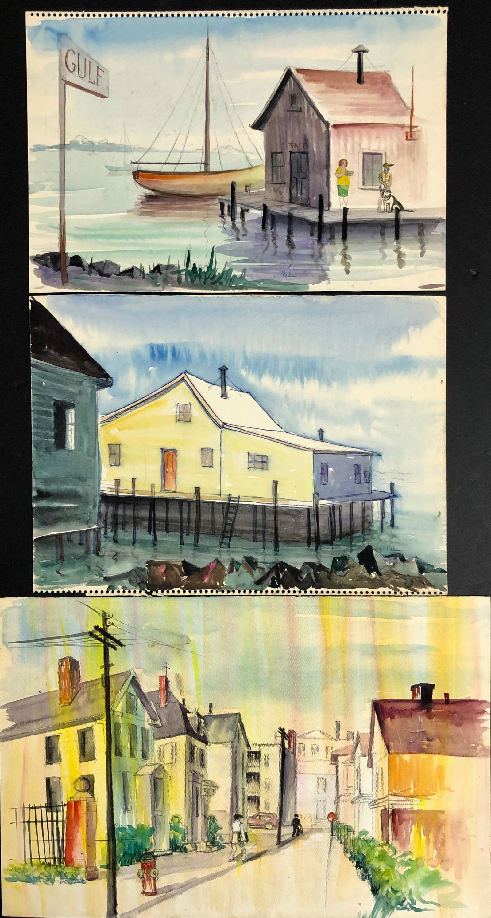 Albert Pels (1910-1998) New England Landscapes (3): NEW ENGLAND LANDSCAPES. WPA artist Albert Pels' watercolors, signed and identified on verso. Three watercolors on paper. 1) Eastport Maine. Signed by Pels (lower right). Watercolor on paper. Dimension