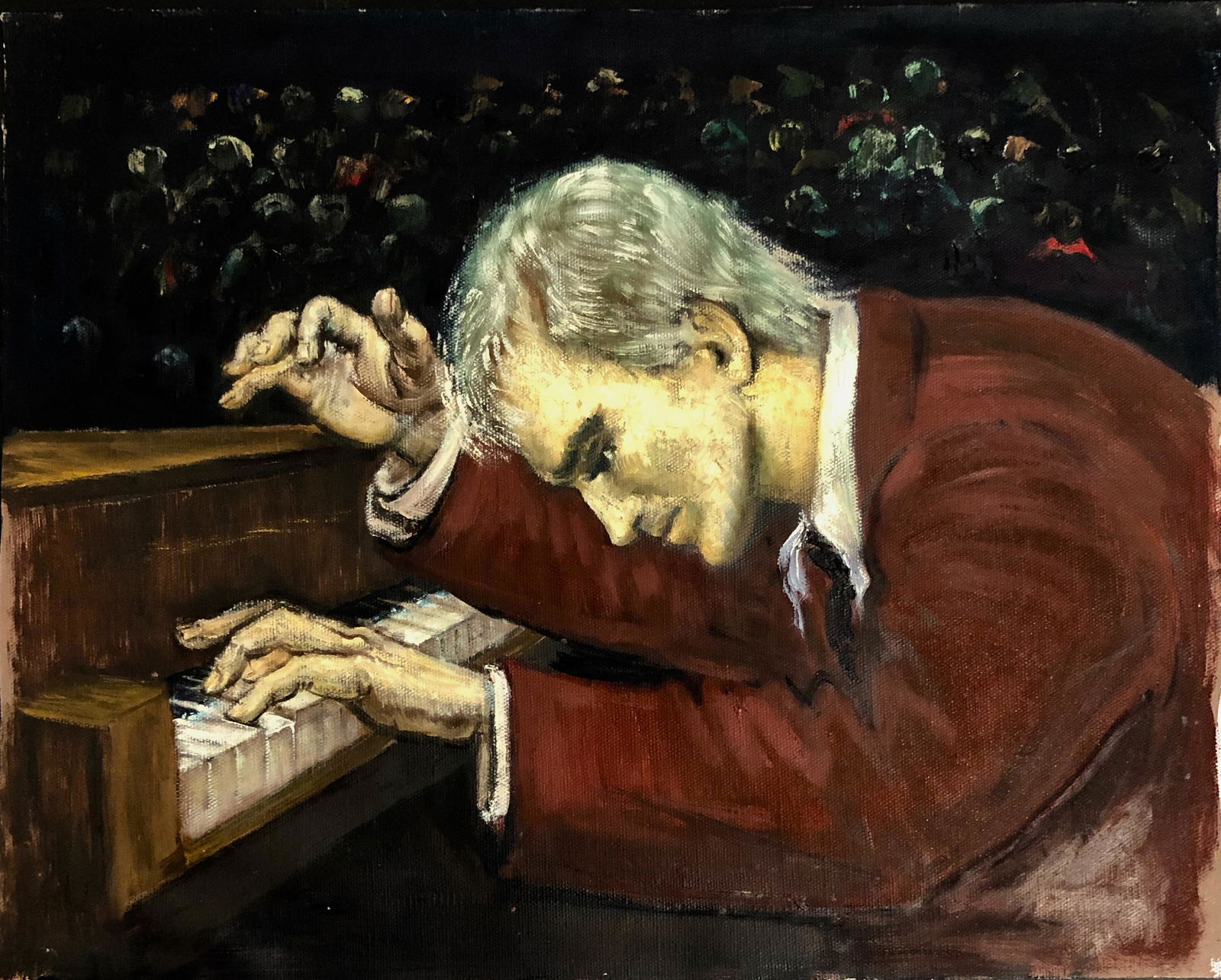 Albert Pels (1910-1998) PIANIST Painting: The Concert. WPA artist Albert Pels oil painting. Pianist in concert, with audience. Oil on canvas (unstretched). Dimensions: canvas: 15 3/4 in. x 20 in. Condition: good original estate condition. Pro