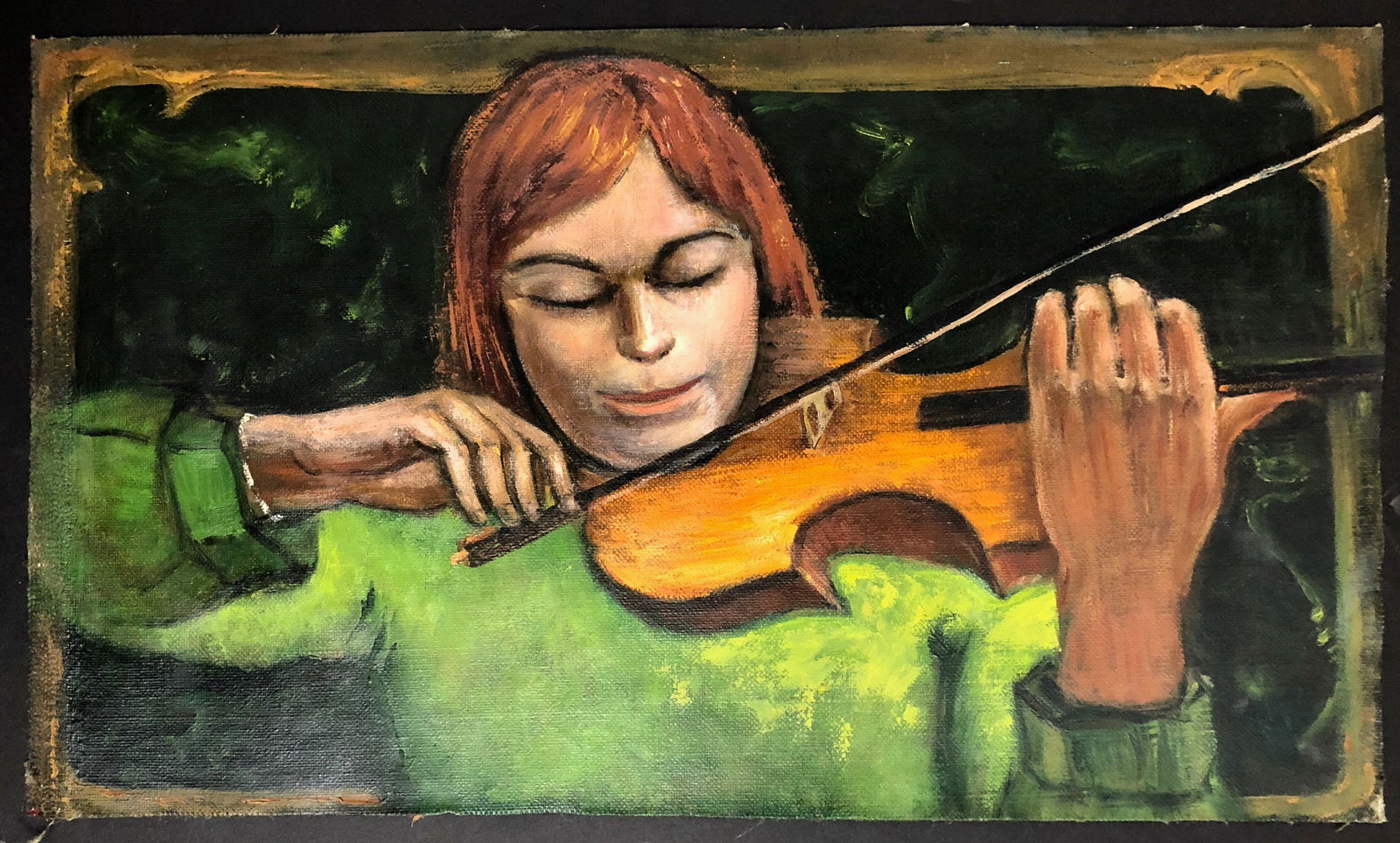 Albert Pels (American, 1910-1998) Painting: THE VIOLINIST. WPA artist Albert Pels oil painting. Oil on canvas (unstretched). Dimensions: 12 in. x 20 in. Condition: good original unframed estate condition. Provenance: New York City, New York Est