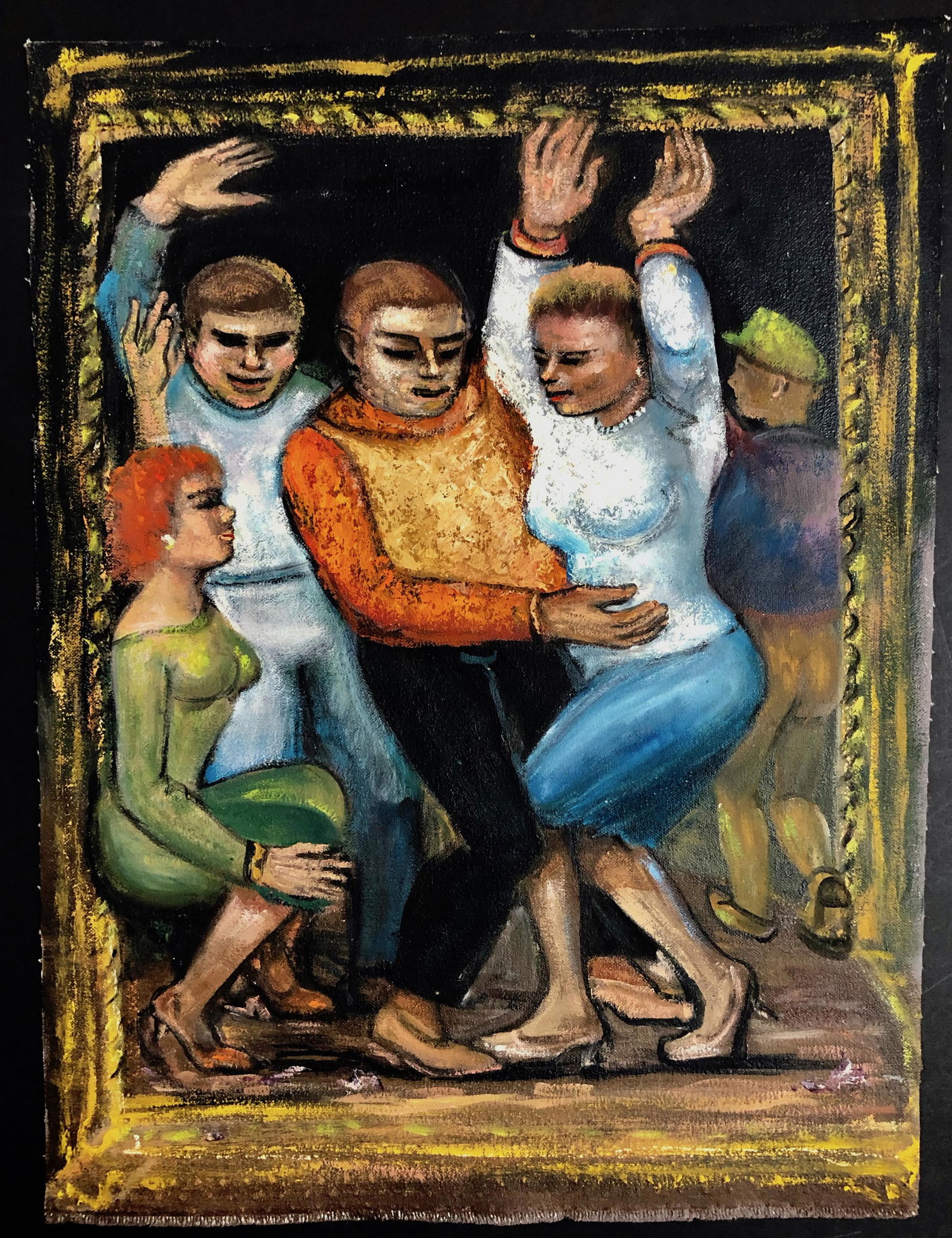 Albert Pels (American, 1910-1998) Painting: WPA artist Albert Pels original oil painting. Titled: COUNTRY MUSIC DANCE (view verso). Oil on canvas (unstretched). Dimensions: 13 3/4 in. x 18 1/4 in. Condition: good original estate condition. Prov