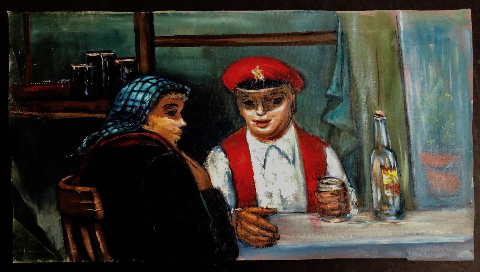 Albert Pels (1910-1998) BAR ROOM Painting: WPA artist Albert Pels original oil painting. Title: DOOR MAN WITH WIFE AT BAR (view verso). Oil on canvas (unstretched). Dimensions: canvas: 11 3/4 in. x 21 3/4in. Condition: good original estate con
