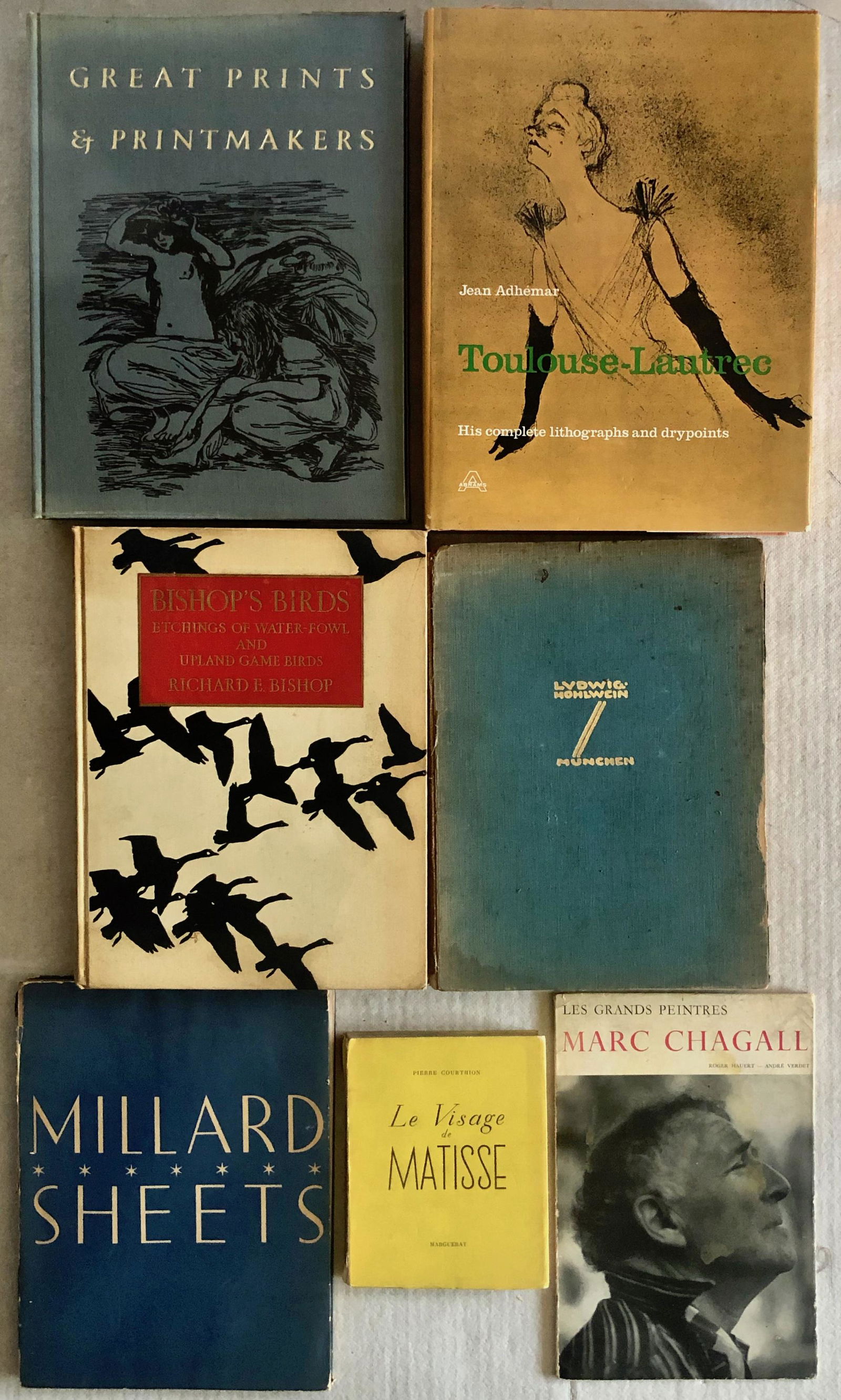 Art Books: Hohlwein, Matisse, Sheets, Chagall, Lautrec: Collection of 1st edition art books. LUDWIG HOHLWEIN. 1926. 1st Edition, Phonix, Berlin. MILLARD SHEETS 1st Edition,1935. Limited edition numbered: 738/1000. Le Visage de MATISSE. Publisher: Marguerat