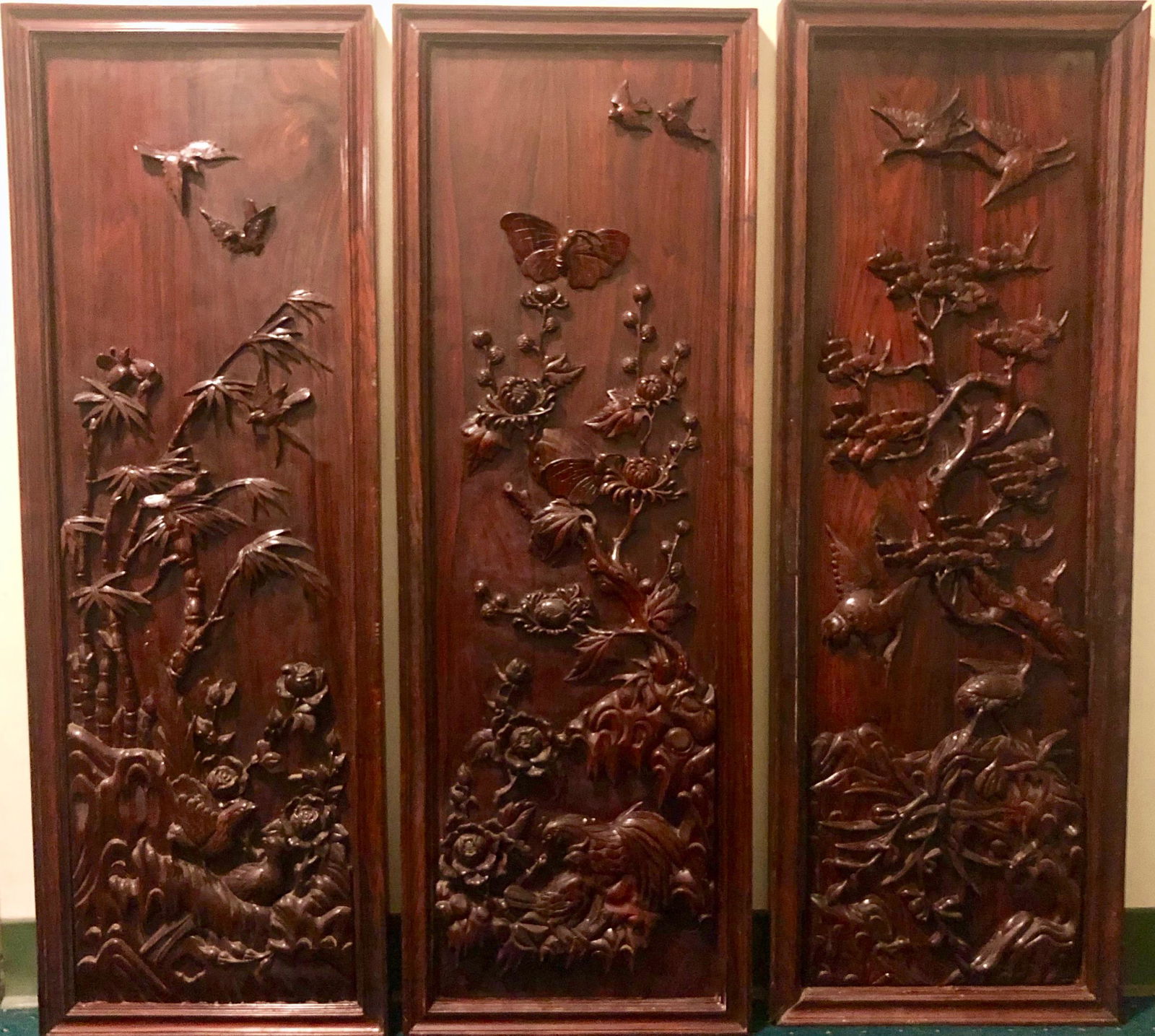 Rosewood Carved Floral Panels w/ Birds & Butterfly (3) (1 of 9)