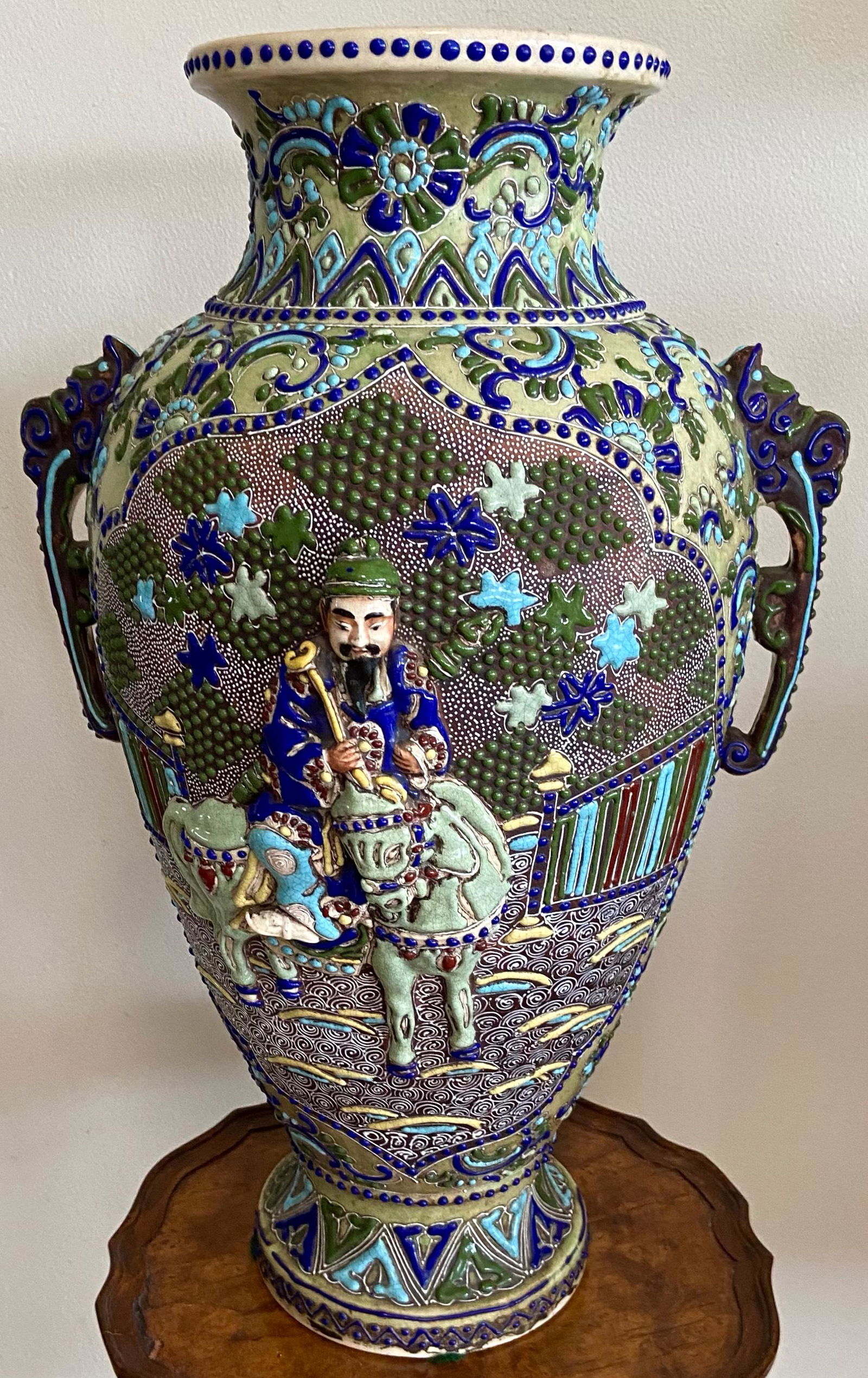 Antique Japanese Satsuma Vase  w/ Figural High relief (1 of 5)