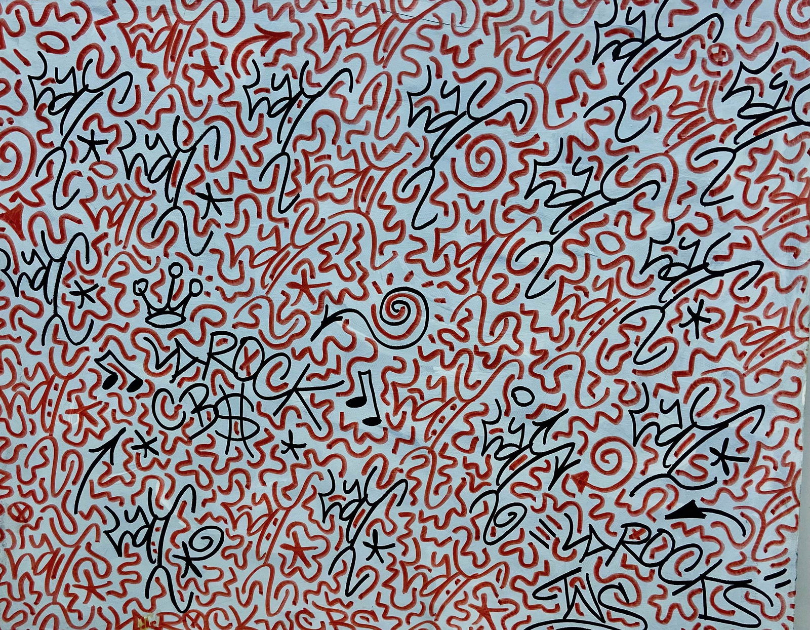 LA II (Angel Ortiz,1966) CBS Graffiti Painting LAROC: LAROCKS CBS (CANT BE STOPPED). Urban graffiti painting CBS by the artist LA II. Circa: 1990s. White base tagged throughout with red and black oil markers on canvas. Dimensions: canvas: 24 in. x 30 in.