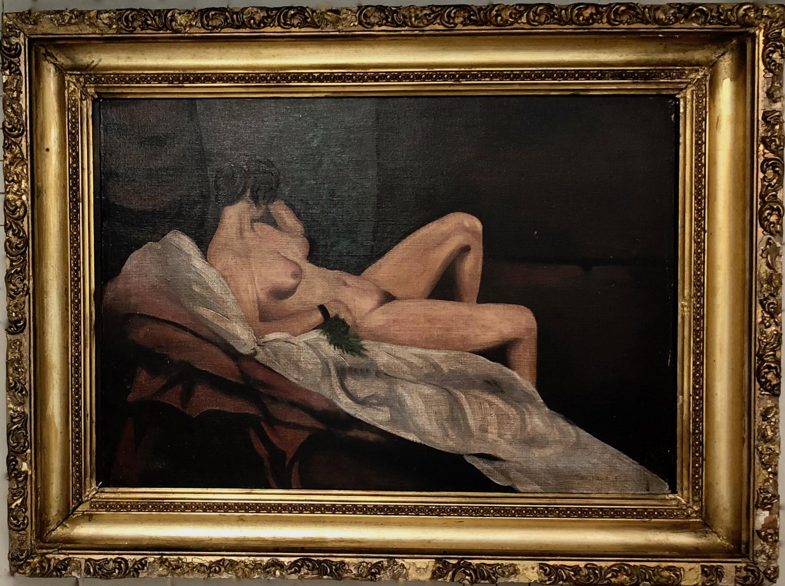 Boudoir Reclining Nude Oil Painting, Signed: Antique original oil painting of reclining nude woman in her boudoir, signed. Framed oil on canvas. Signed and dated lower right (please view). Dimensions: framed: 27 in. x 36 in., canvas: 19 1/2 in. 