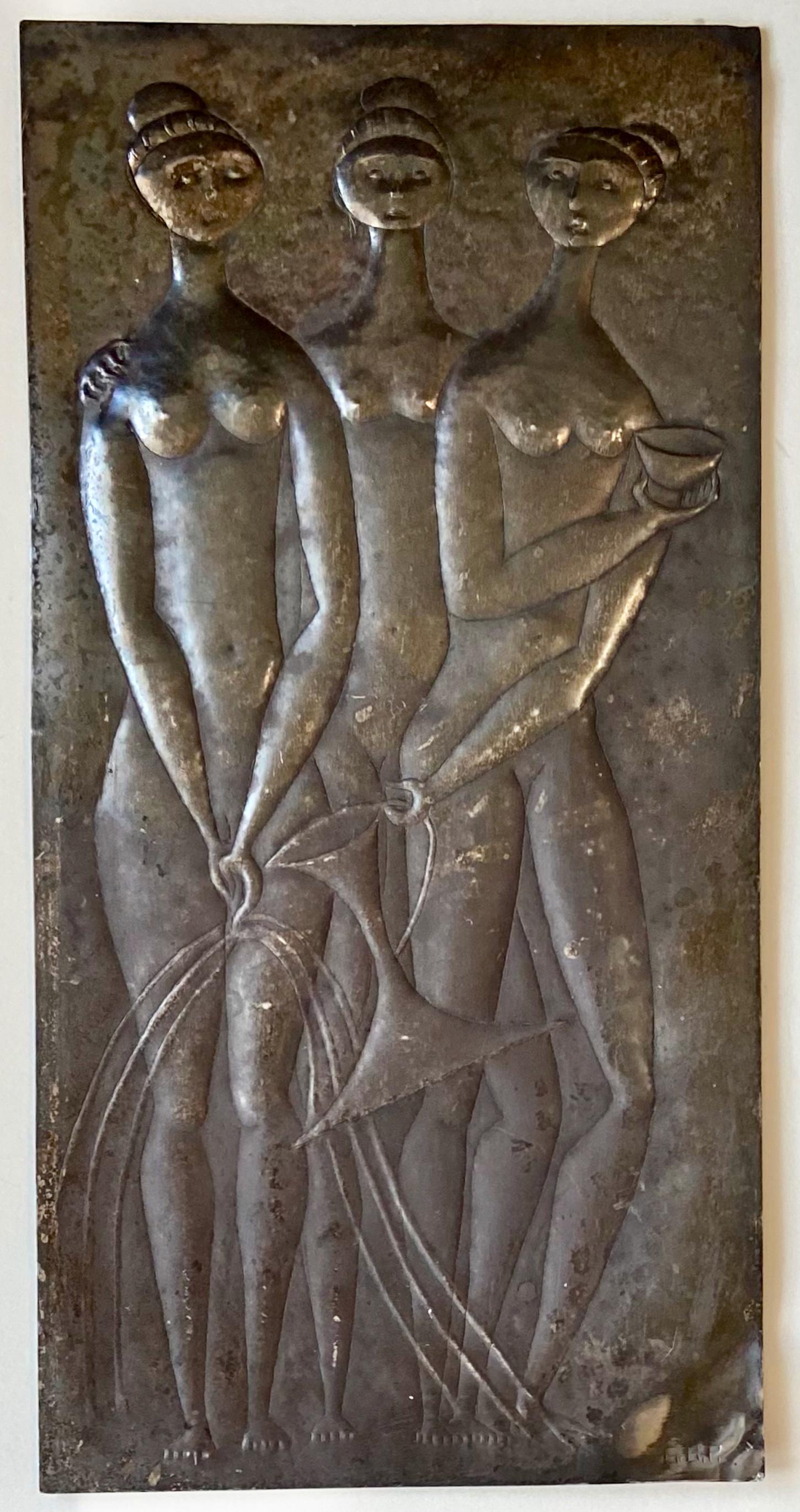 Mid-Century Modernist Sculpture of NUDES Signed c.1950s: THREE NUDES. Modernist figural hammered copper wall relief sculpture, monogrammed by the artist (lower right). Three stylized full figure standing nude women. Medium: Copper. Circa 1950s. Wall plaque 