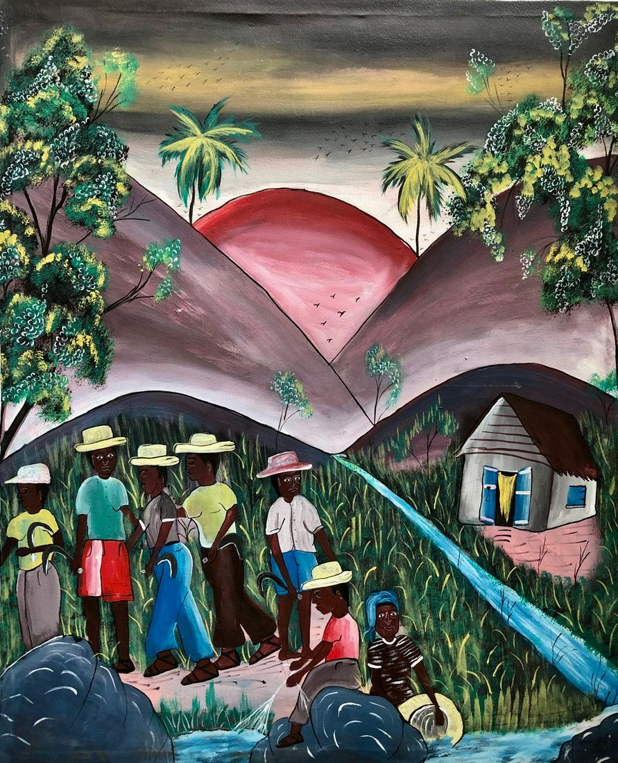 Haitian Figural Sunset Landscape Painting, c.1970s (1 of 2)