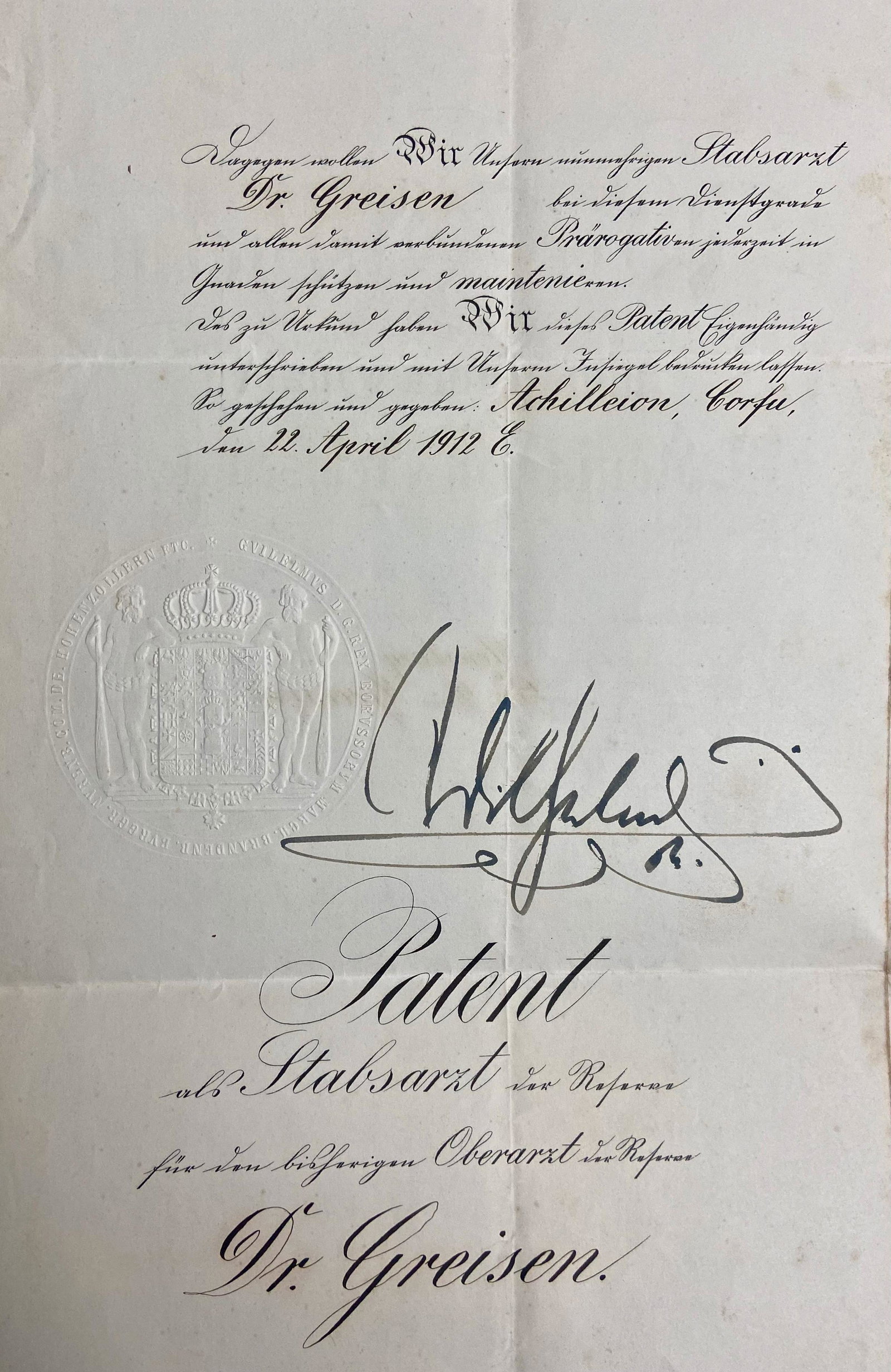 Kaiser Wilhelm, Emperor of Germany, Signed Document (1 of 2)