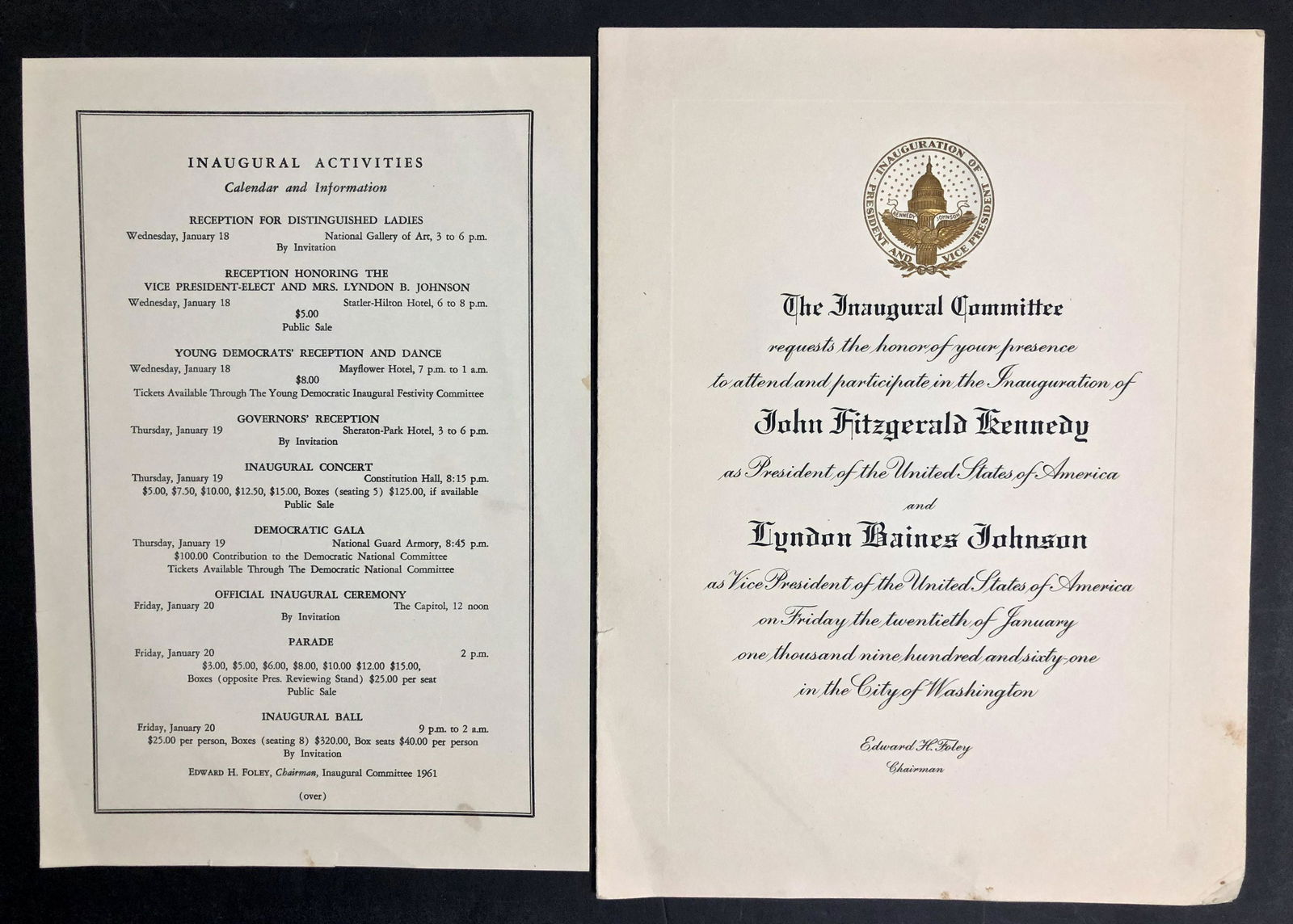 John F. Kennedy  Inaugural Invitation, Washington 1961 (1 of 3)