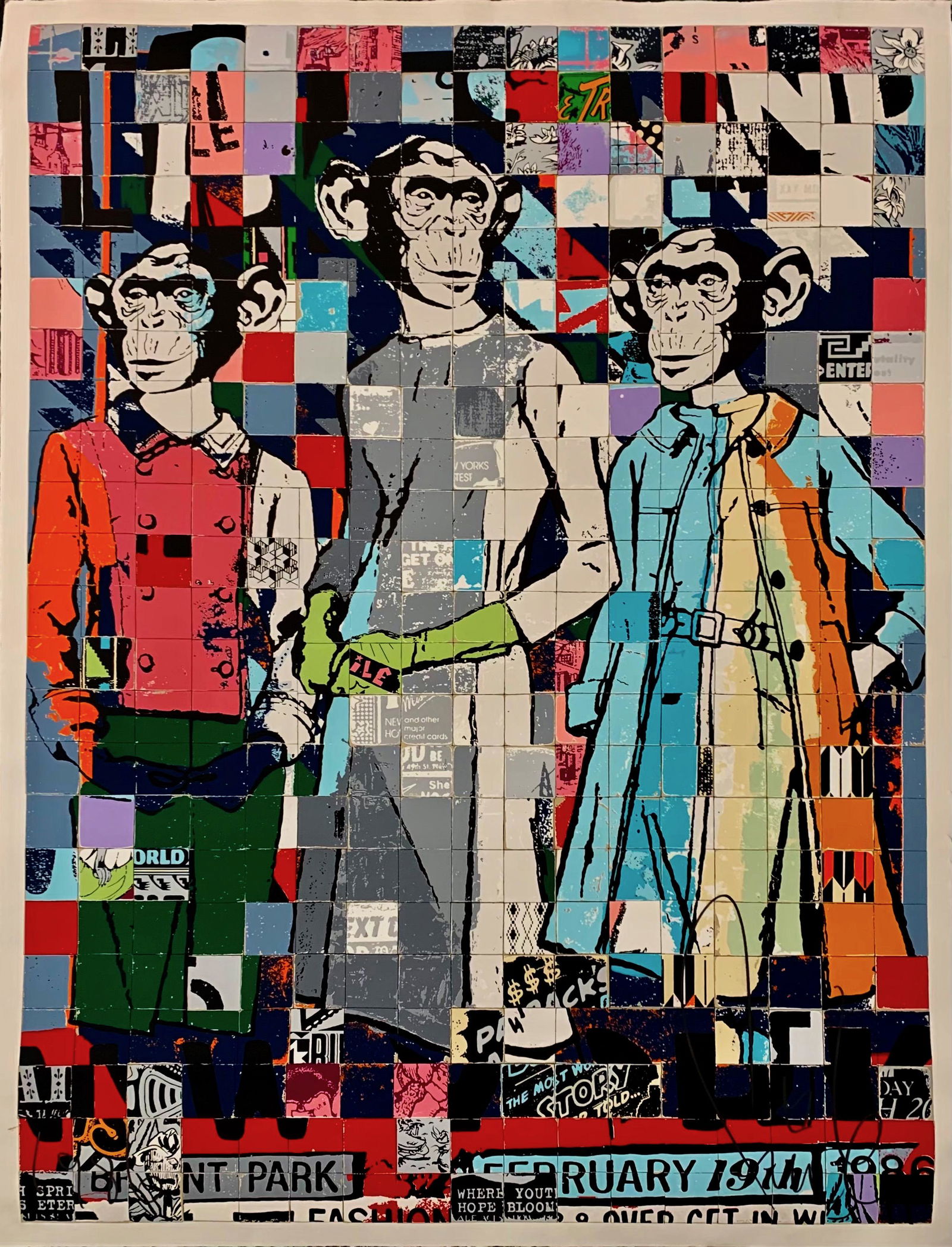 FAILE FASHION CHIMPS N.Y.C, 2011, Signed: FASHION CHIMPS N.Y.C. FAILE (b. 1975 & 1976) Patrick McNeil and Patrick Miller. Urban graffiti artists FAILE, artist proof 25 color screenprint, hand-signed and inscribed in pencil along with embossed