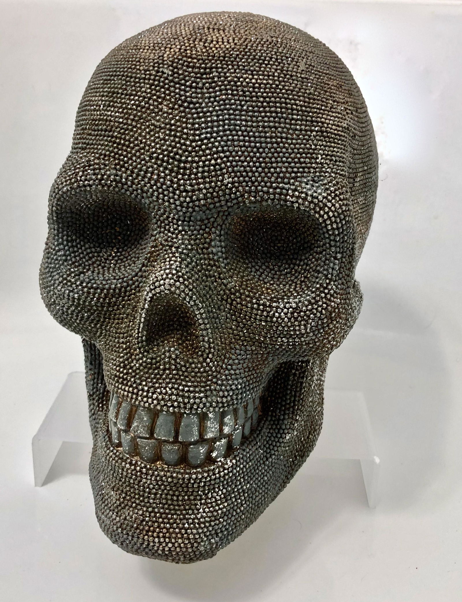 Large Silver Metallic Beaded Wood Mannequin Skull (1 of 5)
