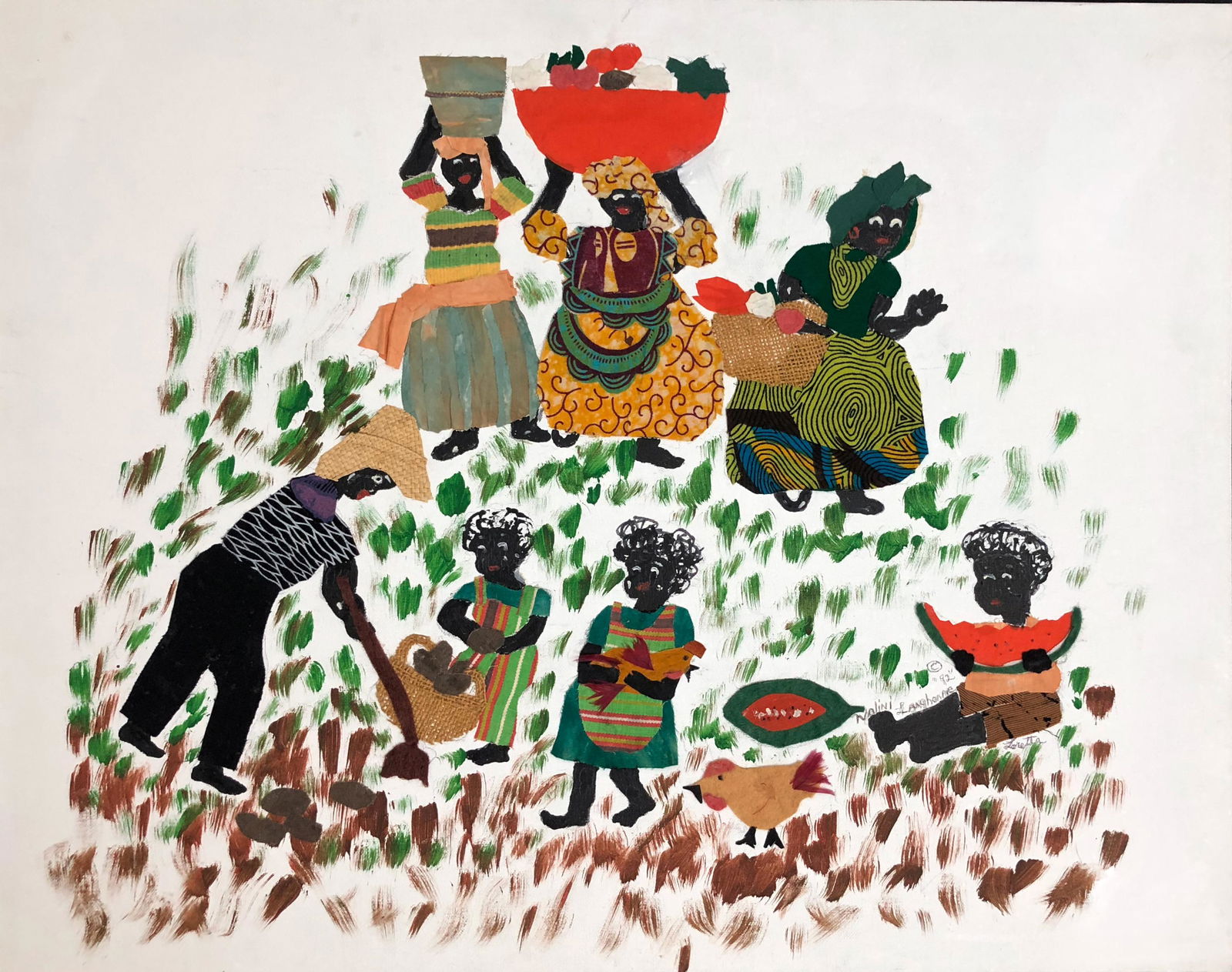 Haitian Folk Art Farm Painting W/ Applied Textile (1 of 5)