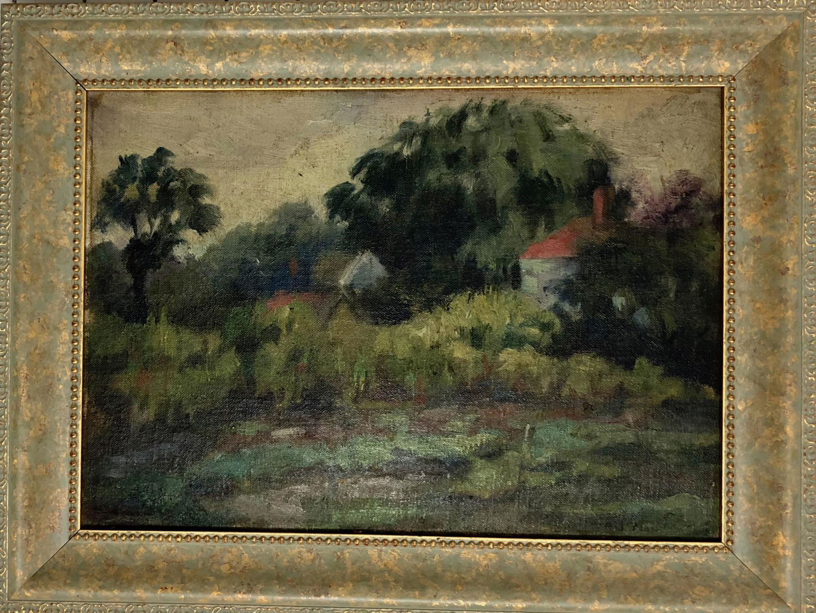 Peppino Mangravite Farmhouse Landscape Painting, 1921: THE FARMHOUSE. Peppino Gino Mangravite (American, 1896-1978). Farm house landscape painting signed by the artist, Peppino Mangravite (lower right). Oil Painting on canvas. Dimensions: canvas: 10 in. x
