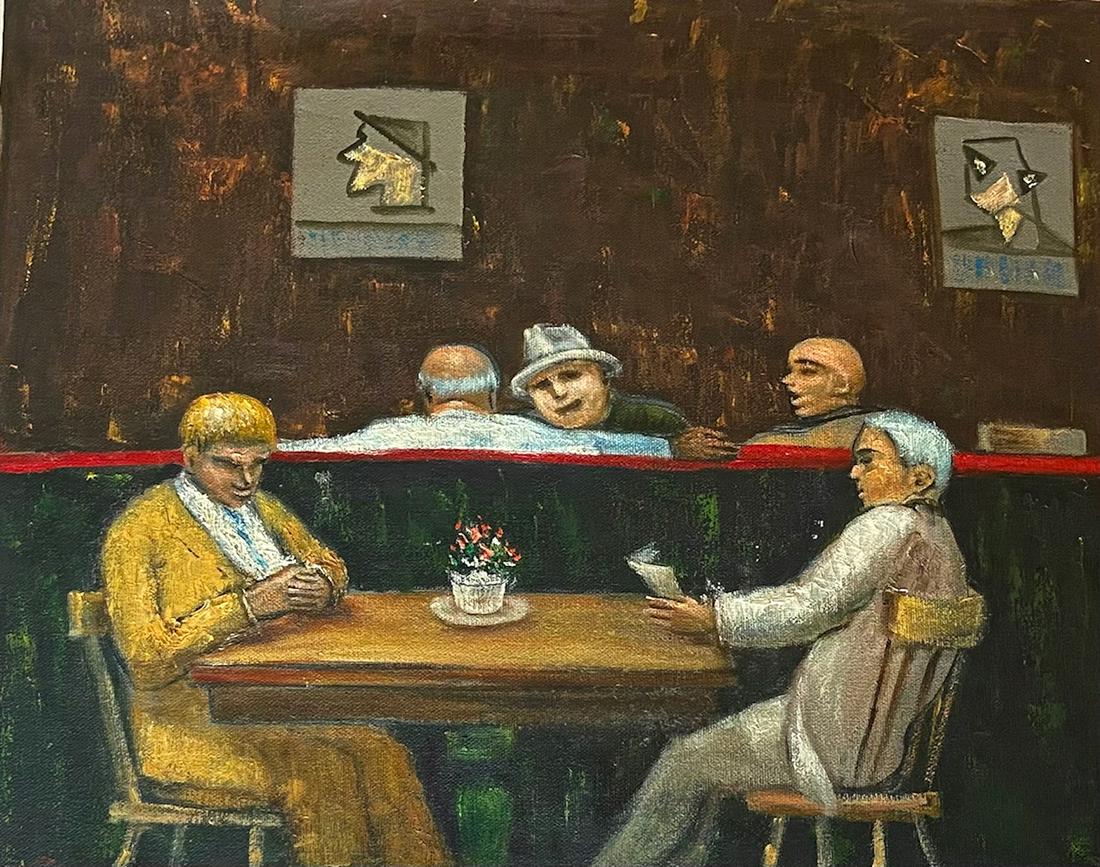 Albert Pels (American, 1910-1998): Original oil painting by the artist Albert Pels. Oil on canvas (un-stretched). Titled on verso: IT MUST BE MODERN I Dont Know Anyone That Looks Like That. Dimensions: 14 1/8 in. x 17 3/4 in. Condition