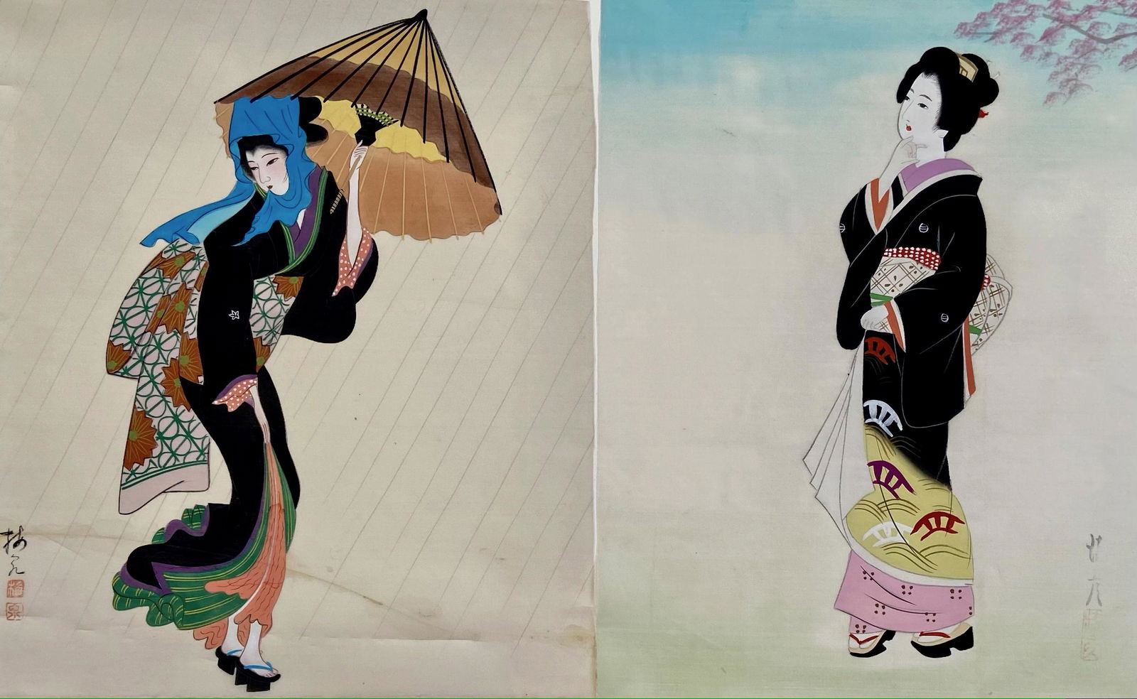 Pair Of Japanese Paintings On Silk, Signed (1 of 3)