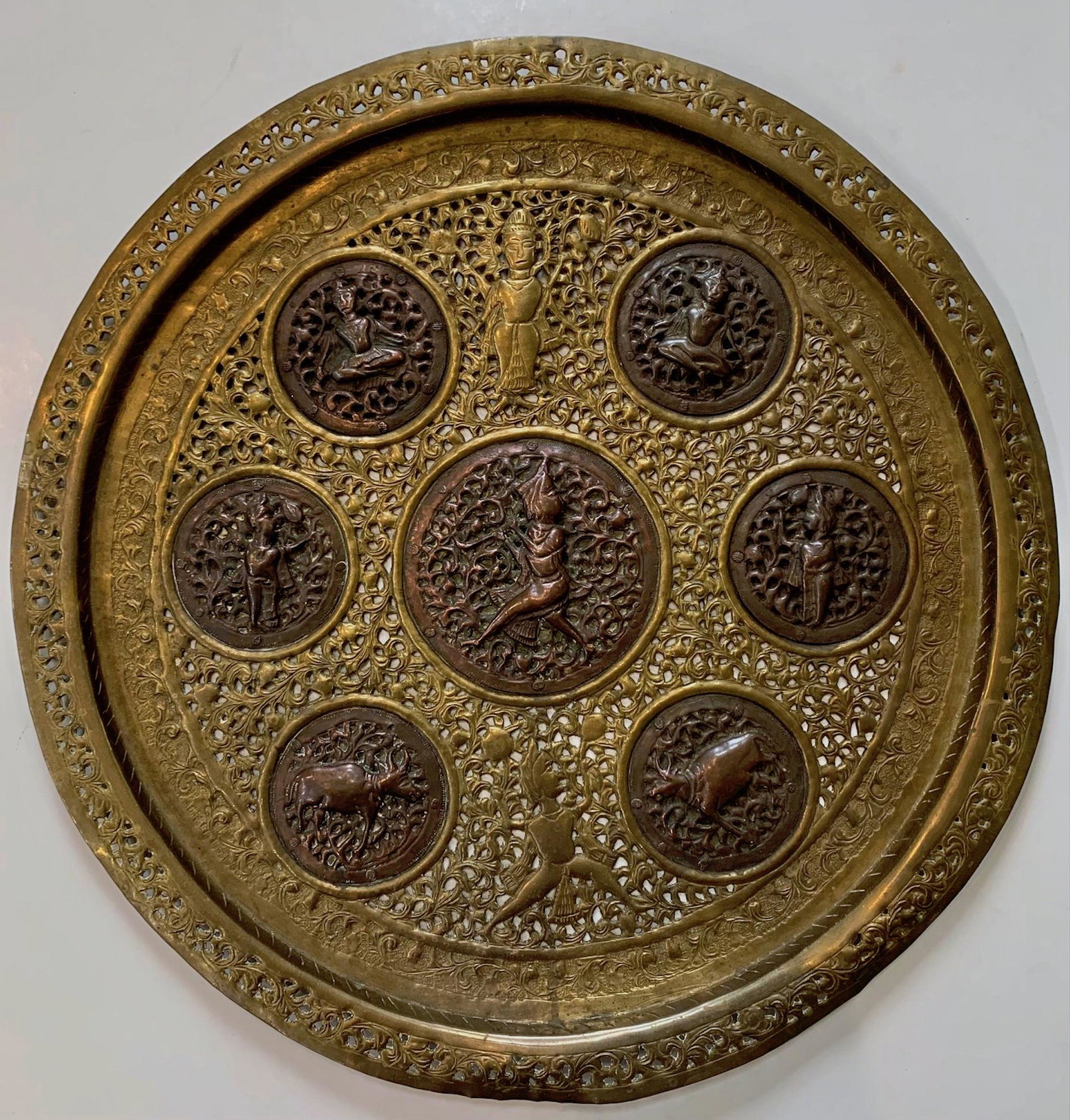 Antique Hindu Indian Deity Hand-Hammered Charger Tray, 19th c. (1 of 6)
