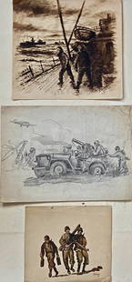 Original Military Combat Drawings, Robert R. Wagner: Collection of three original military drawings by the American combat artist Robert Wagner. Three combat ready soldiers, signed R. R. Wagner, dated 1943. Watercolor on paper. Dimensions: 11 1/2 in. x