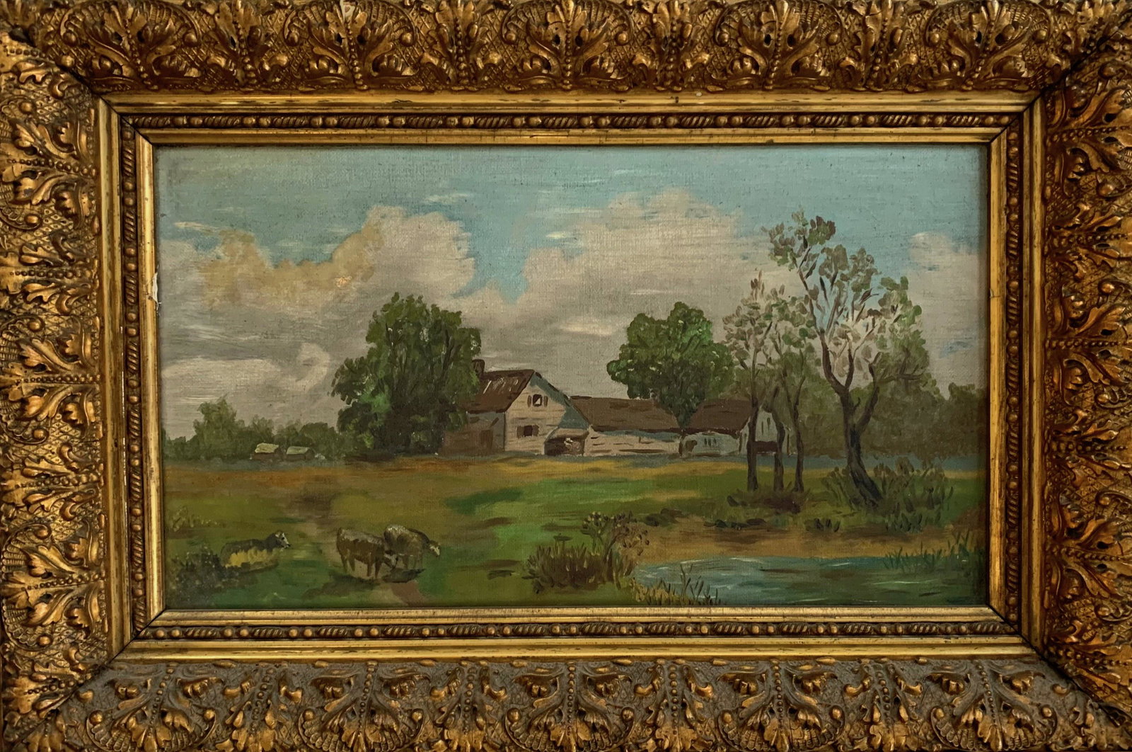 19th Century Pastoral Landscape  Oil Painting w/ Sheep (1 of 4)