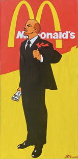 Igor Baskakov, Soviet Counterculture Pop Art Painting: Vladimir Lenin & McDonalds. Igor Baskakov (Russian, b.1965). Soviet Counterculture Painting, signed by the artist, Igor Baskakov. Acrylic on canvas. Dimensions: 31 1/2 in. x 15 5/8 in. Condition: good