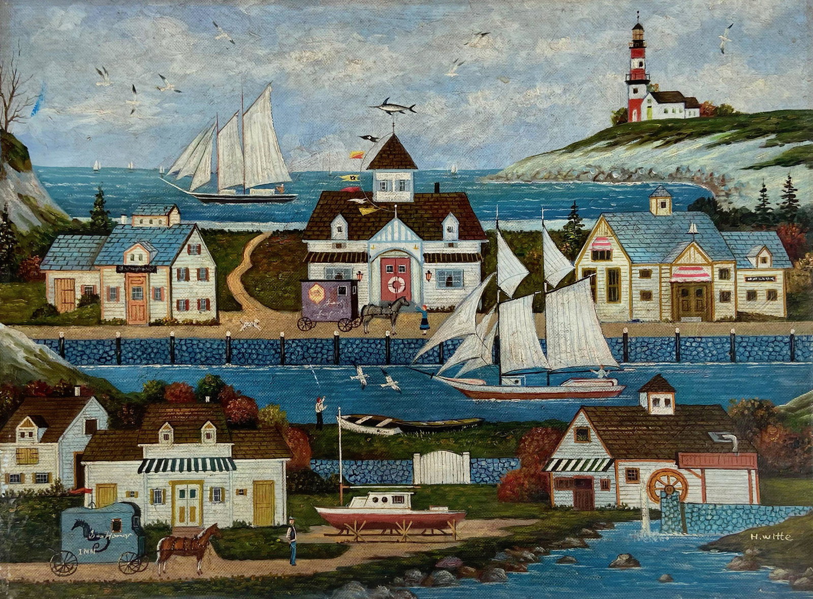 New England Folk Art Village Painting, H. Witte (1 of 2)