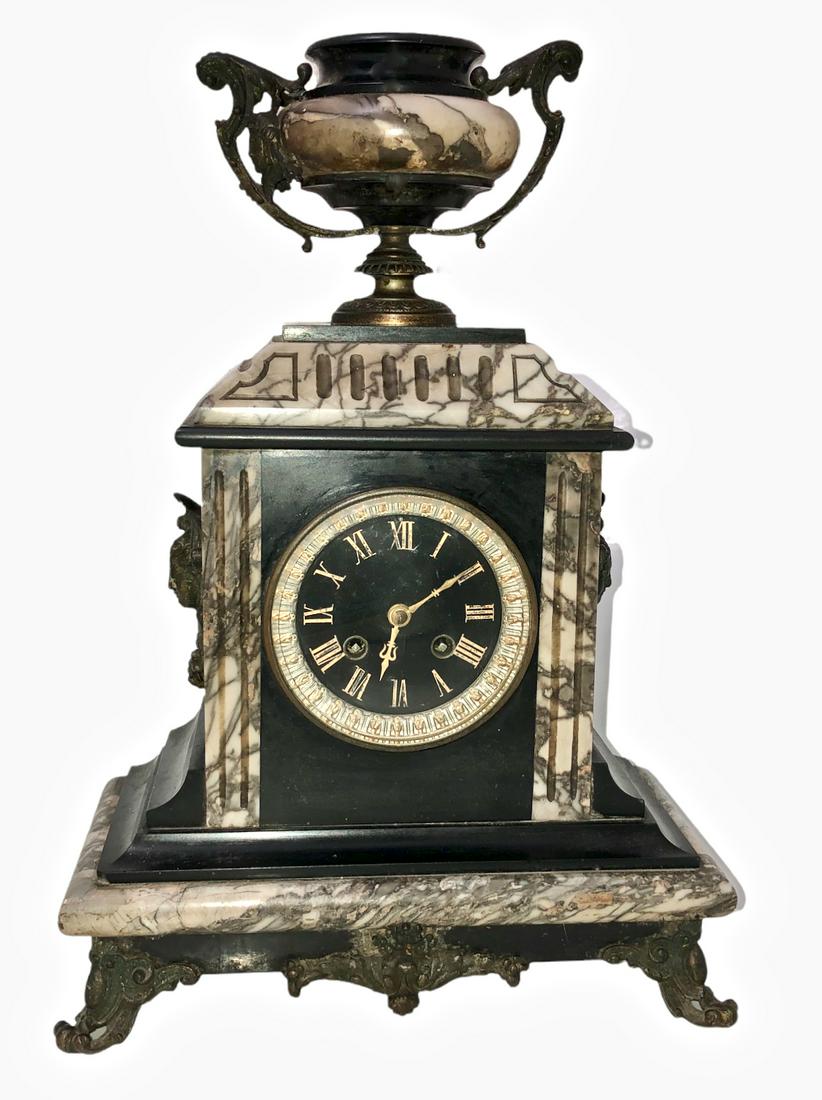 Tiffany Marble, Bronze  & Slate Mantle Clock With Key (1 of 12)
