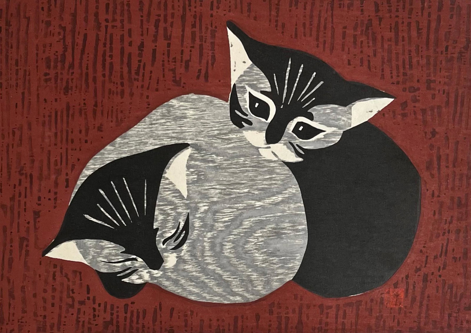 Kaoru Kawano (Japanese, 1916-1965) Woodblock KITTENS, 1950s: Japanese color woodlock print by the artist, Kaoru Kawano (view chop mark). Dimensions: sight: 17 1/8 in. x 11 1/4 in. Condition: good original unframed estate condition. Provenance: New York City, NY