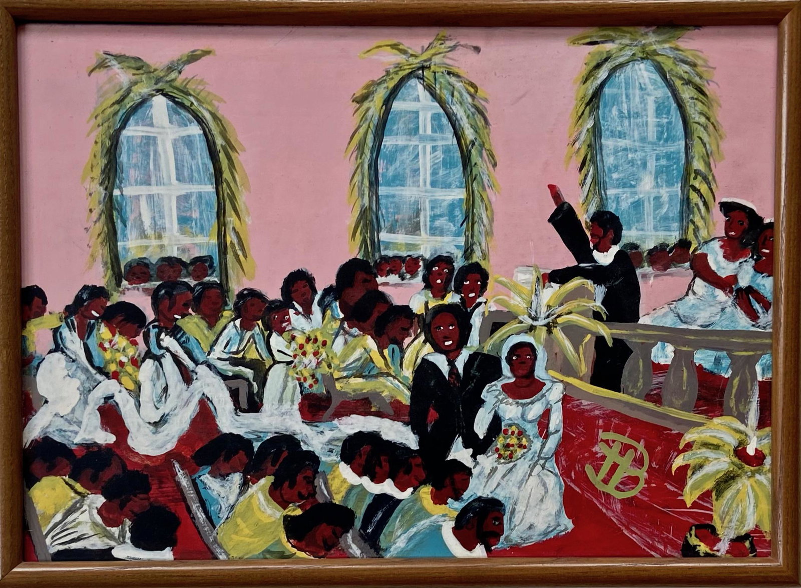 African American Folk Art Interior Figural Church Painting c.1960s: African American figural Church Celebration Painting, Monogrammed by the Artist (view photo). Framed oil on masonite. Dimensions: framed: 12 1/2 in. x 17 1/8 in., masonite: 11 1/2 in. x 16 in. Conditi