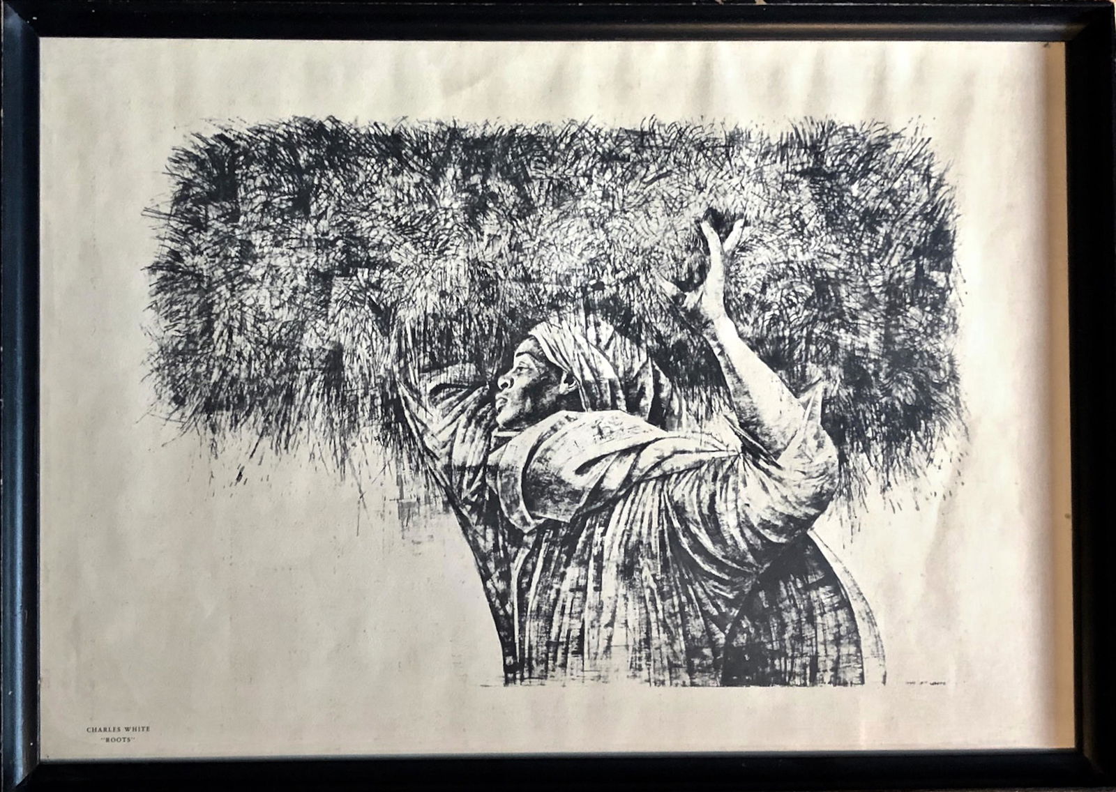 CHARLES WHITE (African American, 1918-1979) ROOTS, 1963: ROOTS. Vintage framed offset lithograph by the artist, Charles White, 1963. Cream wove paper. Framed under glass. Dimensions: framed: 14 3/4 in. x 20 7/8 in., sight: 13 1/2 in. x 19 1/2 in. Condition:
